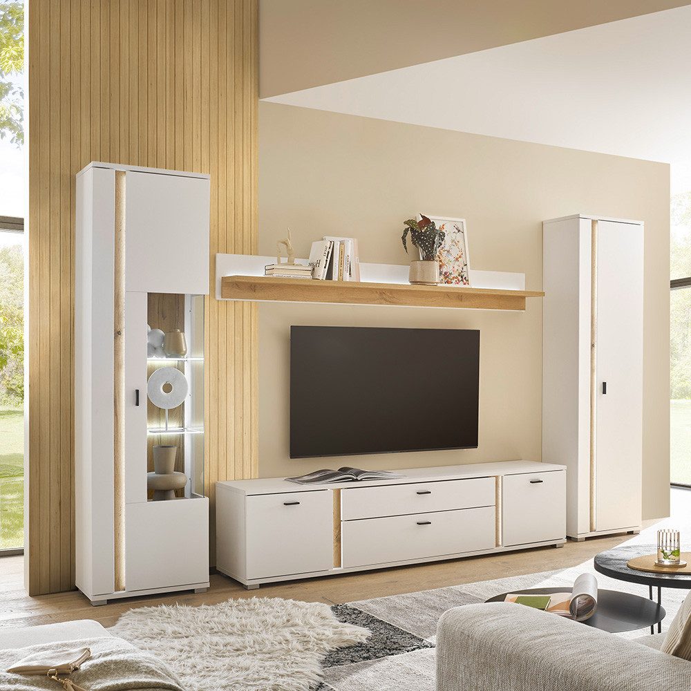 Lomadox Wohnwand LOVENO-61, (4-St), in weiß und Eiche