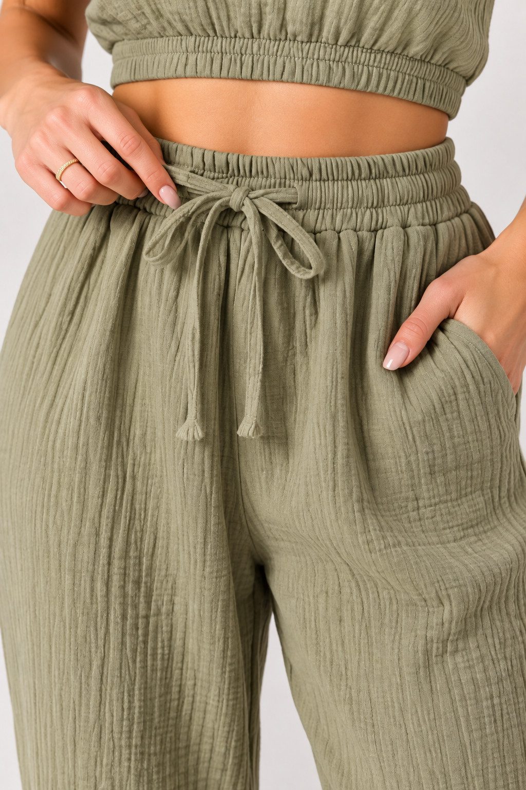 WENOR Stoffhose Damen Musselin Hose Baumwolle Tapered Sommerhose Knöchellänge, elastischer Bund, lässiger Style – Bild 2 von 5