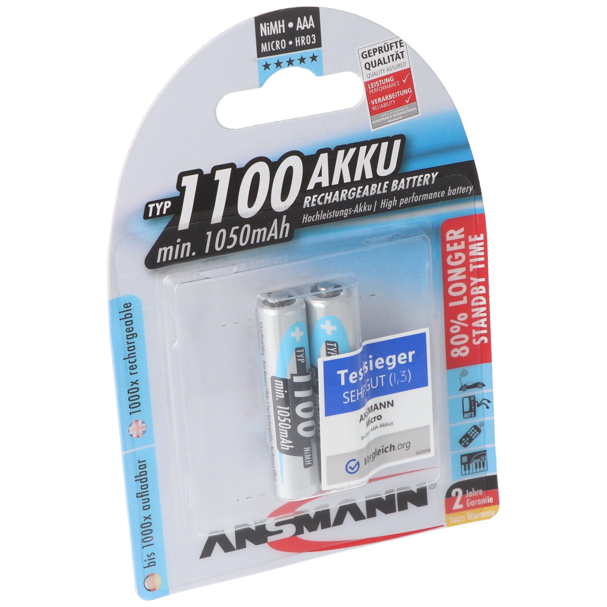 ANSMANN® Ansmann NiMH-Akku Typ 1100 Micro 1050mAh 2er Blister Akku 1050 mAh (1,2 V)