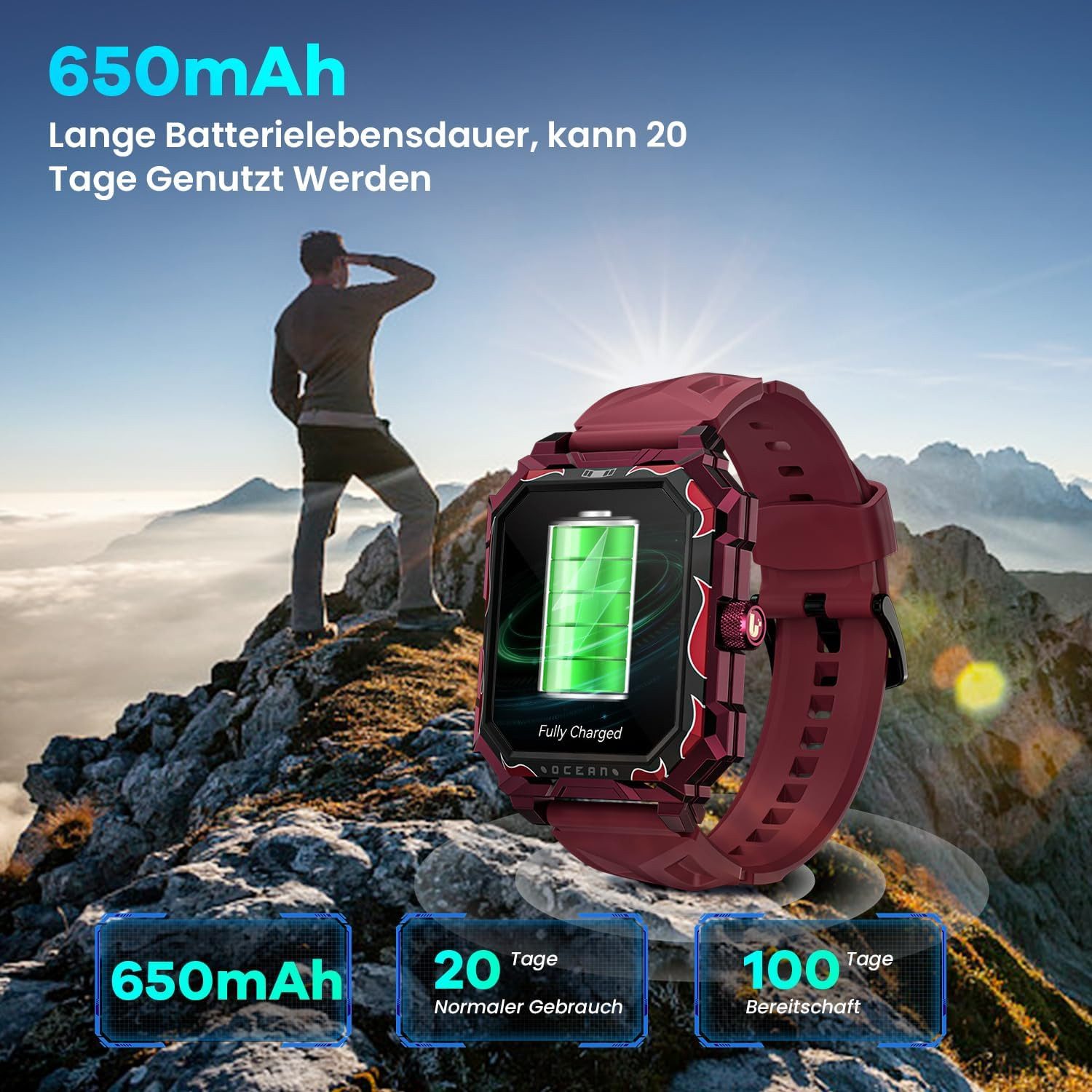 Rogbid ‎ S3-lokmat Smartwatch (4,9 cm, android ios), Outdoor Smartwatch Herren mit 1.93" HD Display, 100 Tagen