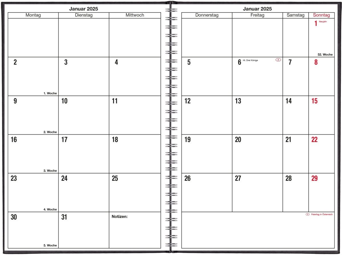GÜSS Kalender Buchkalender Monatsübersicht A5 1 Monat/2 Seiten Wire-O-Bindung schwarz 2026