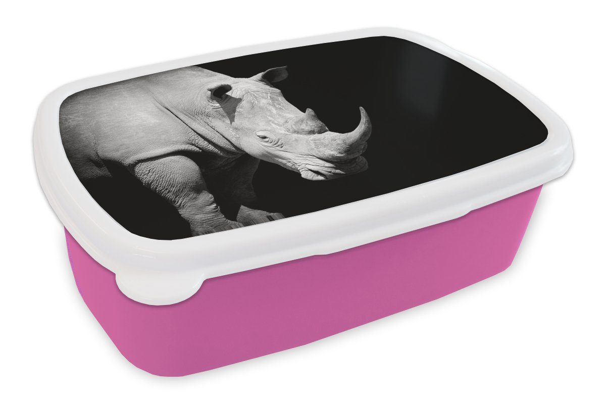 Porträt, Erwachsene, (2-tlg), - rosa Tier - Brotdose MuchoWow Brotbox Snackbox, Kunststoff, für Kinder, Rhinozeros Mädchen, Lunchbox Kunststoff