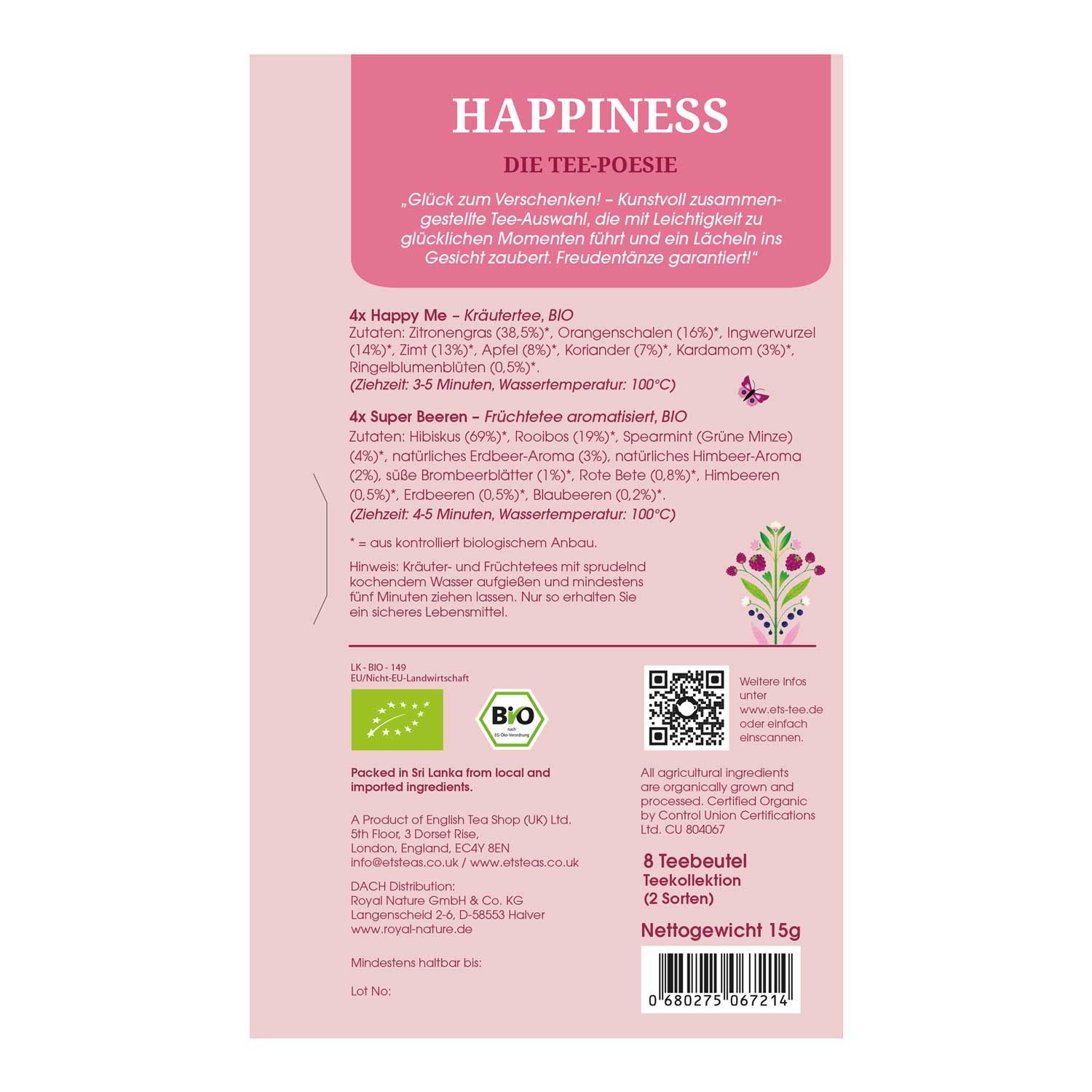 English Tea Shop Tee ETS - Tee Geschenk Tee-Poesie "Happiness", 8 Teebeutel, BIO, 2 Kräuter-/Früchtetess ohne Koffein.