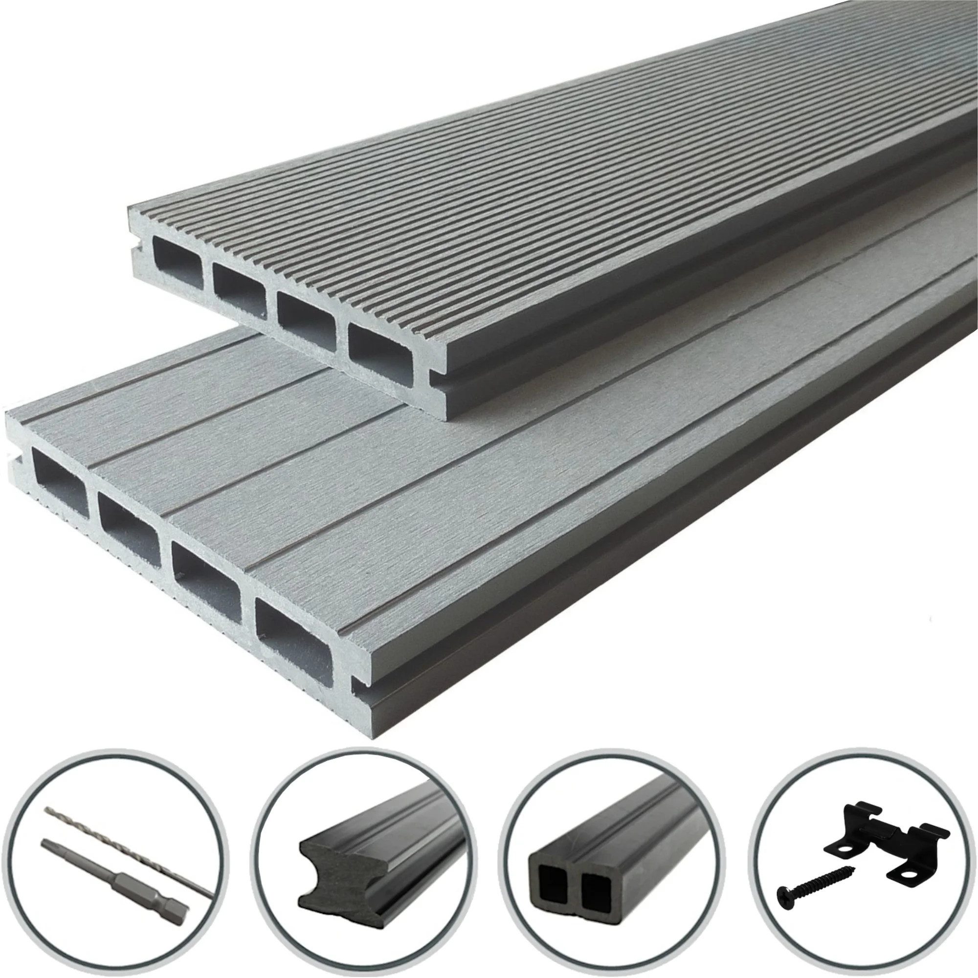 WPC Profi Terrassendielen Terrassen Diele 25mm Steingrau Grau, (Komplettset, mit Unterkonstruktion, Clips und Schrauben)