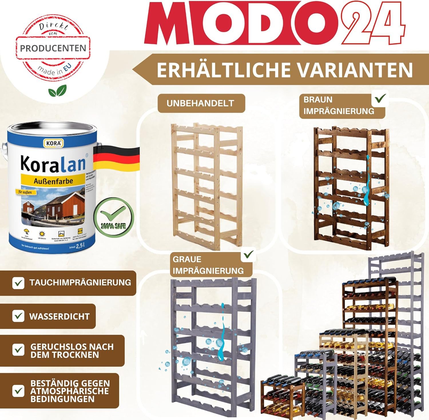 Modo24 Weinregal Flaschenregal Holzregal Flaschenständer Varianten 12 bis 91 Flaschen, RW1 Getränkeregal, 3 Farben, FSC Holz Nachhaltig
