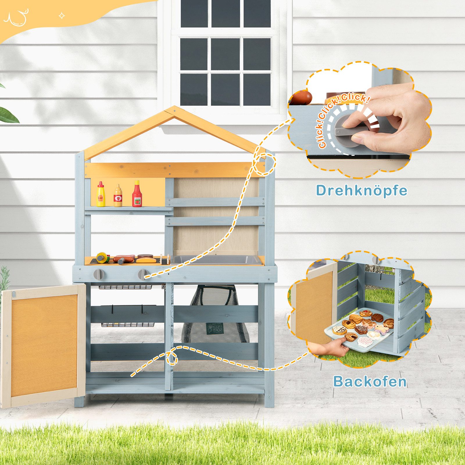 COSTWAY Outdoor-Spielküche, 2 in 1 Kinderküche mit Spülbecken, Tafel