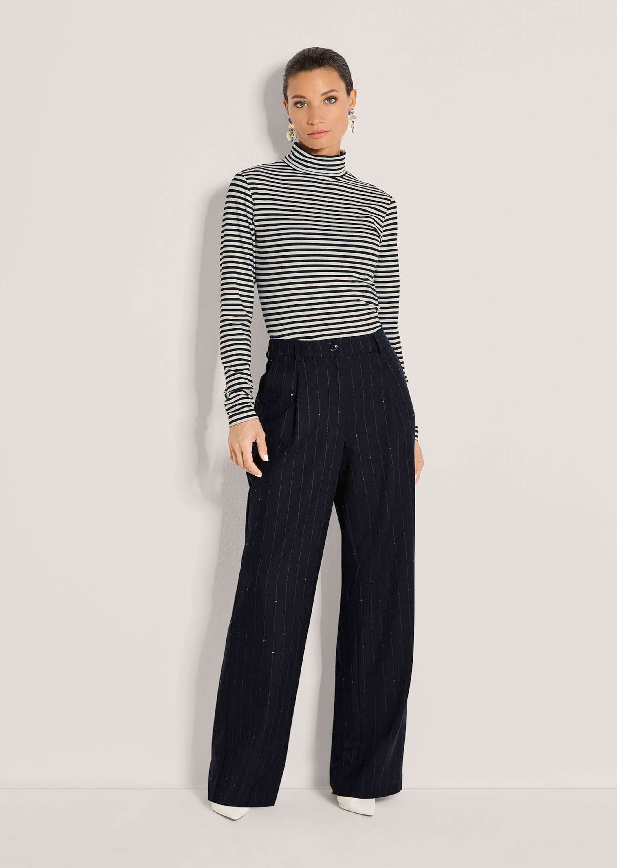 MADELEINE Bundfaltenhose Nadelstreifenhose mit Pailletten Weites Bein mit markanten Bundfalten & Formbund