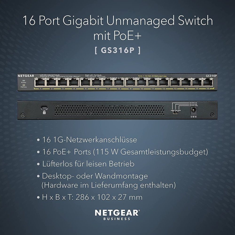 GS316P 16-Port - Netzwerk - NETGEAR Switch schwarz Switch Netzwerk-Switch