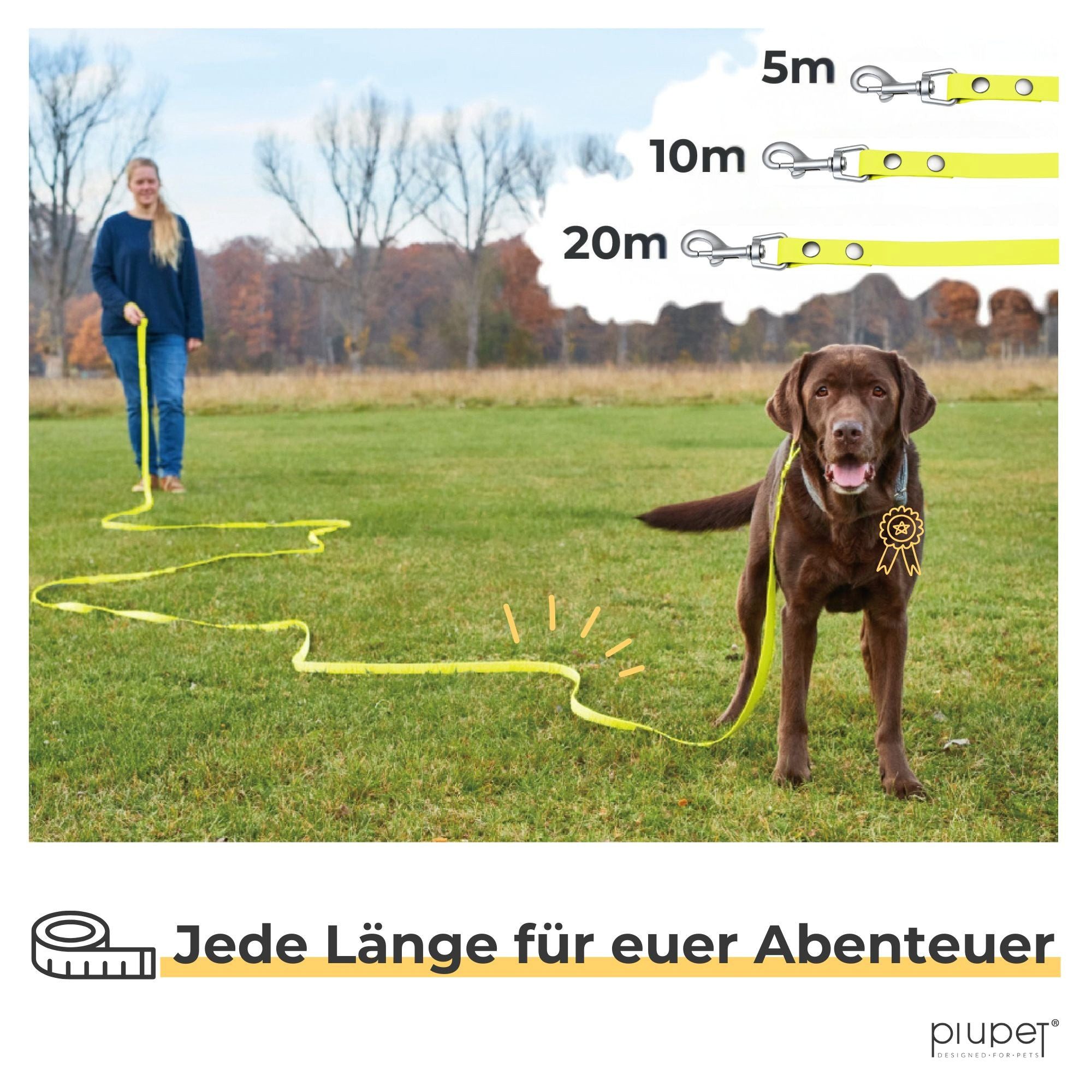 Piupet Schleppleine Schleppleine für Hunde 5m I 10m I 20m I Wasserabweisend I Hundeleine, Längenverstellbar