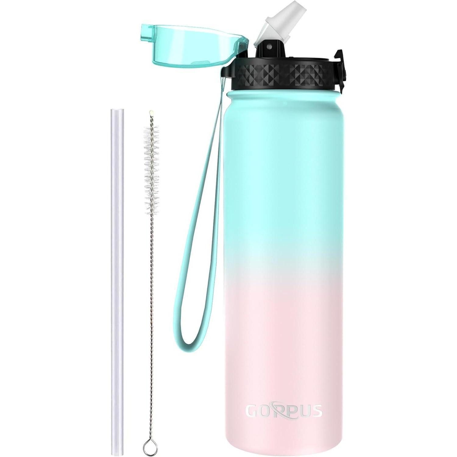 LuxusKollektion Thermoflasche Trinkflasche 1L Edelstahl Strohhalm Auslaufsicher Grün Rosa 1000 ml