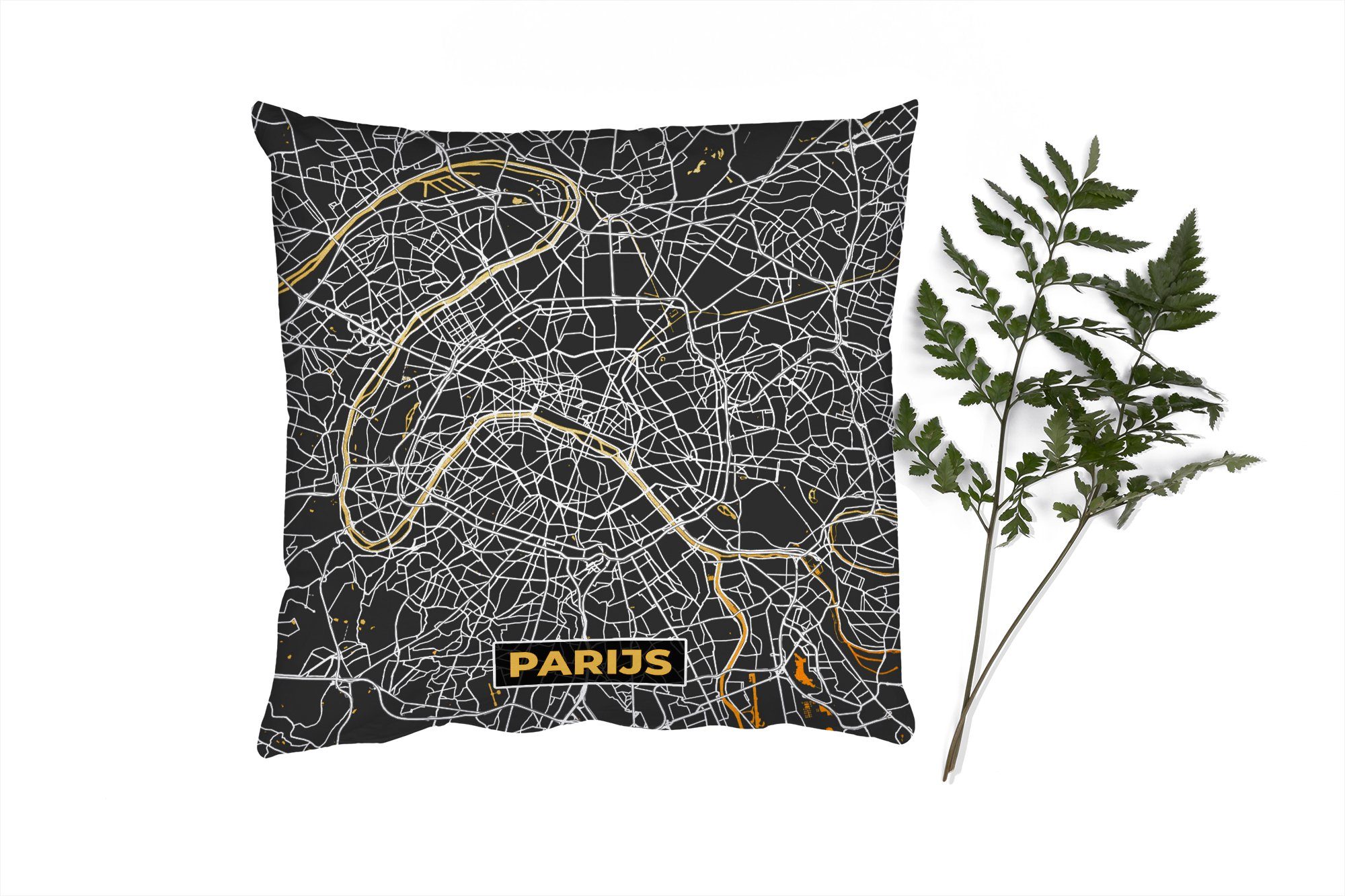 MuchoWow Dekokissen Karte - Paris - Stadtplan - Gold - Karte, Zierkissen mit Füllung für Wohzimmer, Schlafzimmer, Deko, Sofakissen