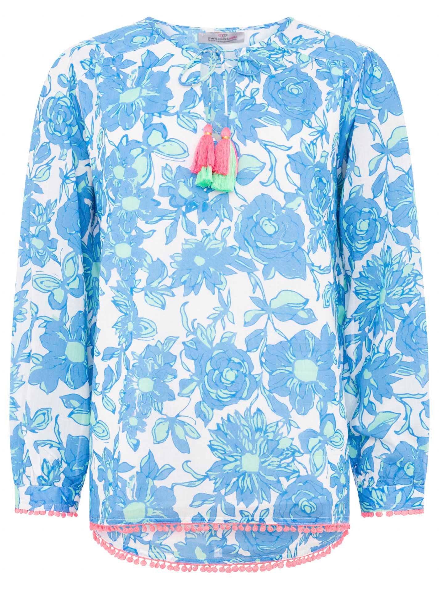 Zwillingsherz Shirtbluse "Schmetterling" mit Blumenmuster, Tasseln und Pom günstig online kaufen