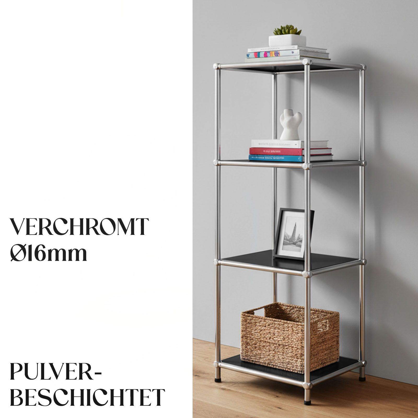 Floordirekt Standregal Concept Epure MK-005 Metallregal, B30 × T30 × H89 cm, diverse Farben, modular, Design Regal mit offenen Ablagen, verchromtes Metallgestel – Bild 4 von 5