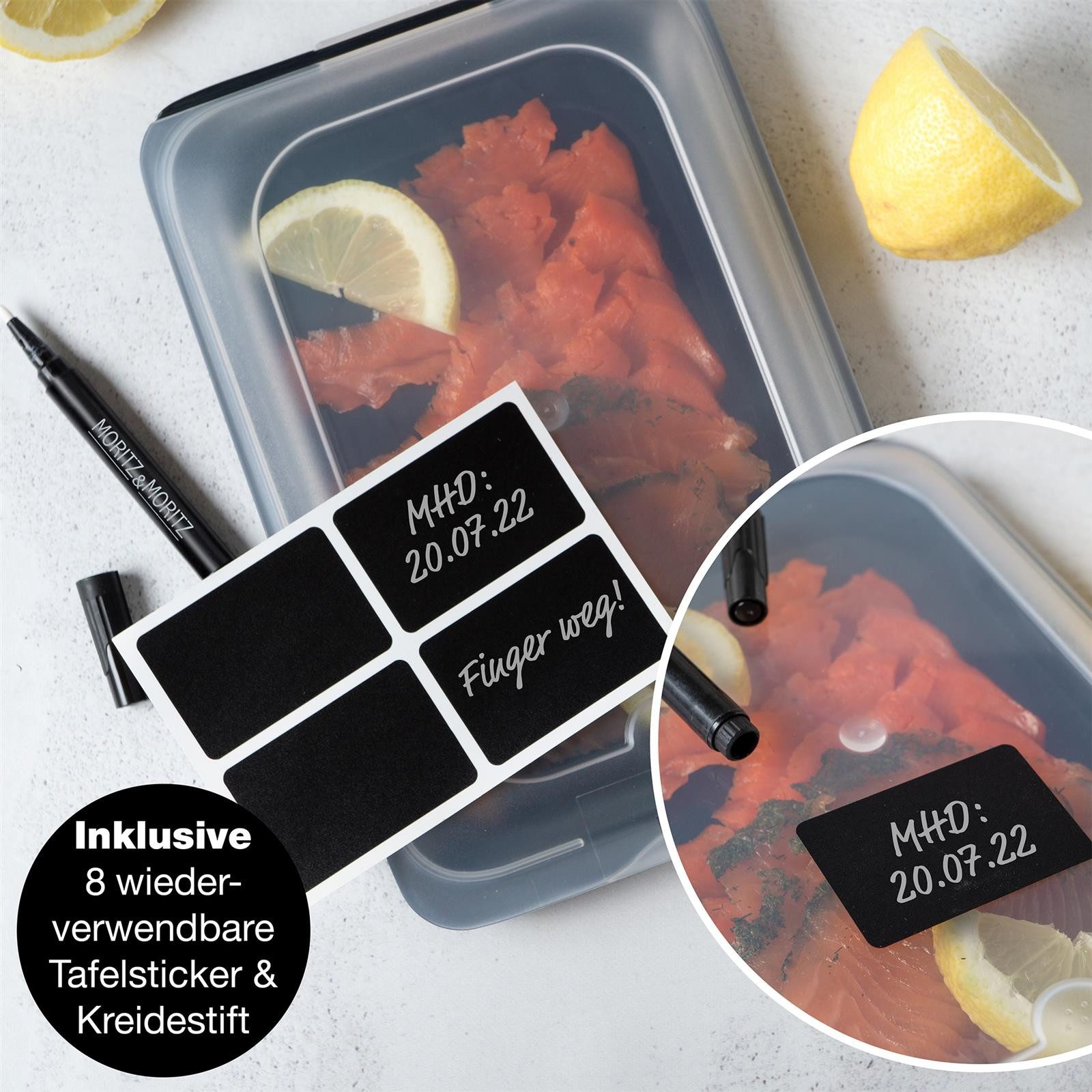 Moritz & Moritz Frischhaltedose 8er Set Aufschnittdosen stapelbar - Frischhaltedosen dunkel, Kunststoff, (Set, 8-tlg., Set), Inkl. 8 Sticker, mit Deckel für Opt – Bild 5 von 5