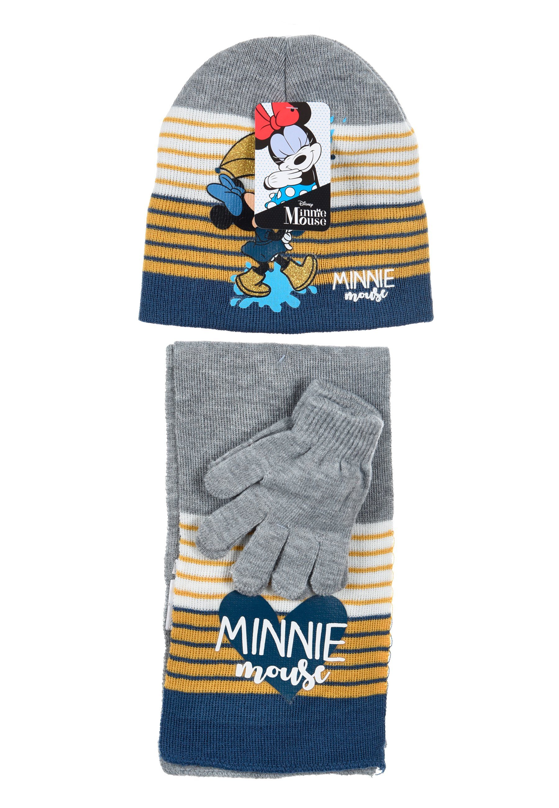 (SET) Mädchen Mouse Handschuhe 3 Beanie & Minnie Schal Disney Winter-Set Kinder Mütze, Grau tlg.