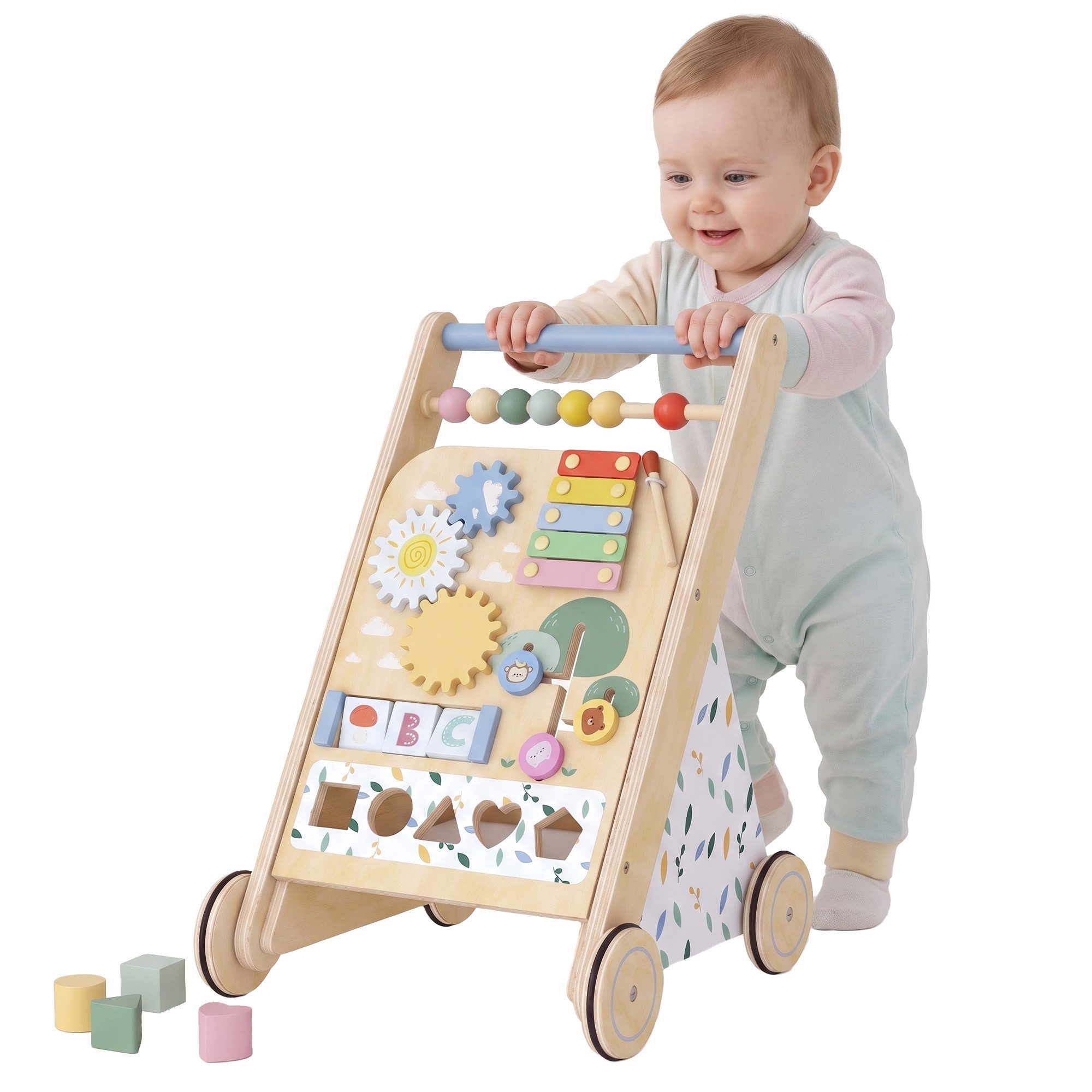 AIYAPLAY Lauflernwagen Holz Lauflernhilfe mit Rädern regulierbarer Geschwindigkeit Bauklötze, (Montessori Aktivitätszentrum, 1-tlg., Baby Walker Gehhilfe), für Kleinekinder ab 18 Monaten