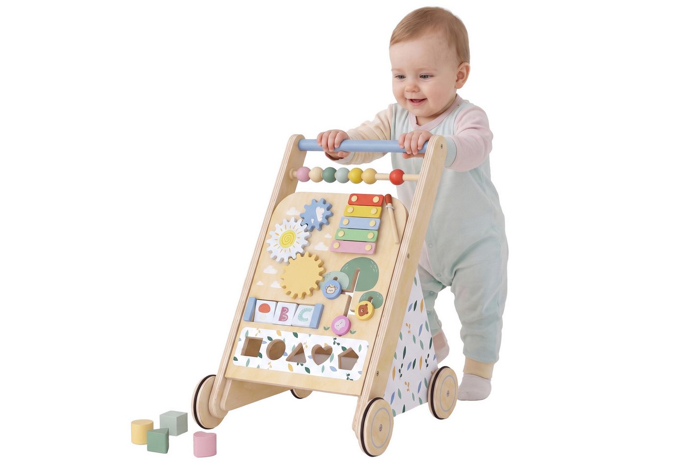 AIYAPLAY Lauflernwagen Holz Lauflernhilfe mit Rädern regulierbarer Geschwindigkeit Bauklötze, (Montessori Aktivitätszentrum, 1-tlg., Baby Walker Gehhilfe), für Kleinekinder ab 18 Monaten