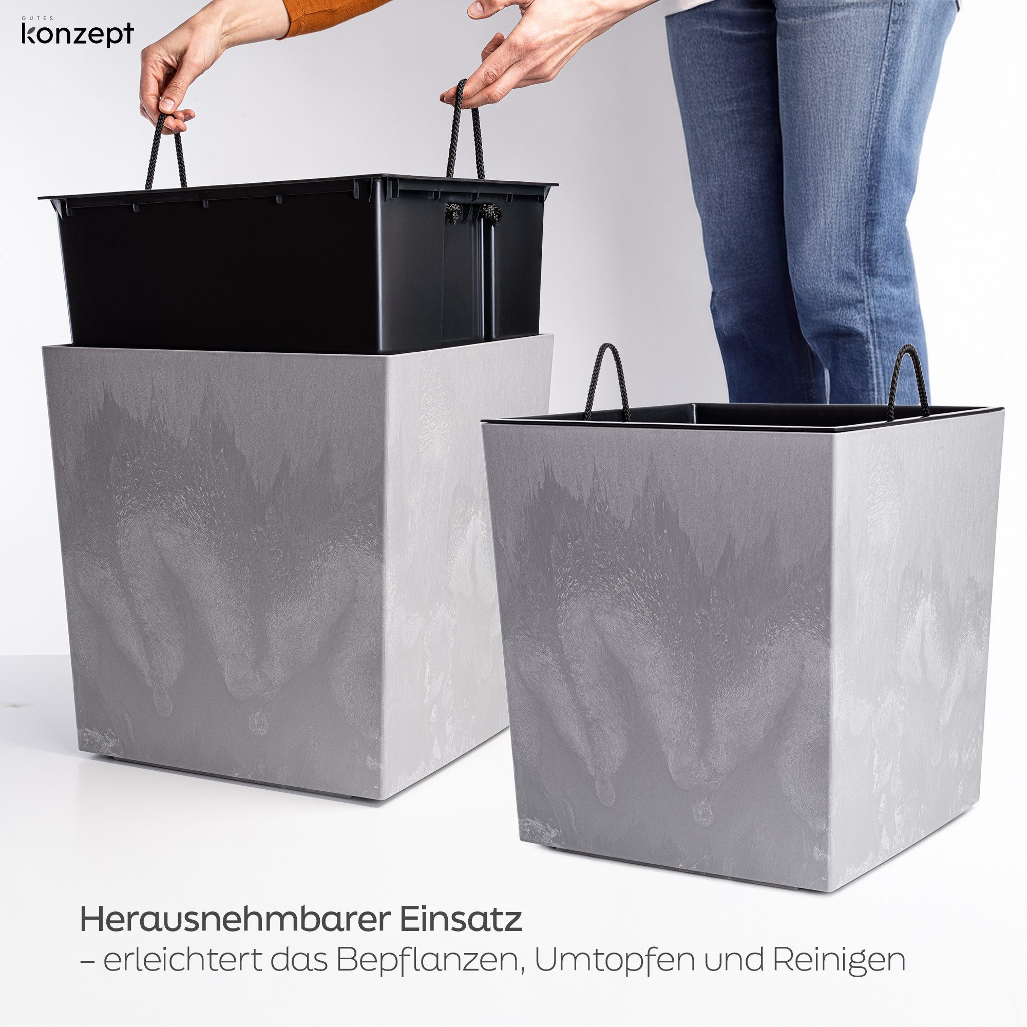 KONZEPT Pflanzkübel Blumenkübel mit Einsatz, XL 40x40x40 cm – UV-beständig & wetterfest, recyceltem Kunststoff, Beton-Optik für Garten, Balkon & Terrasse – Bild 5 von 5