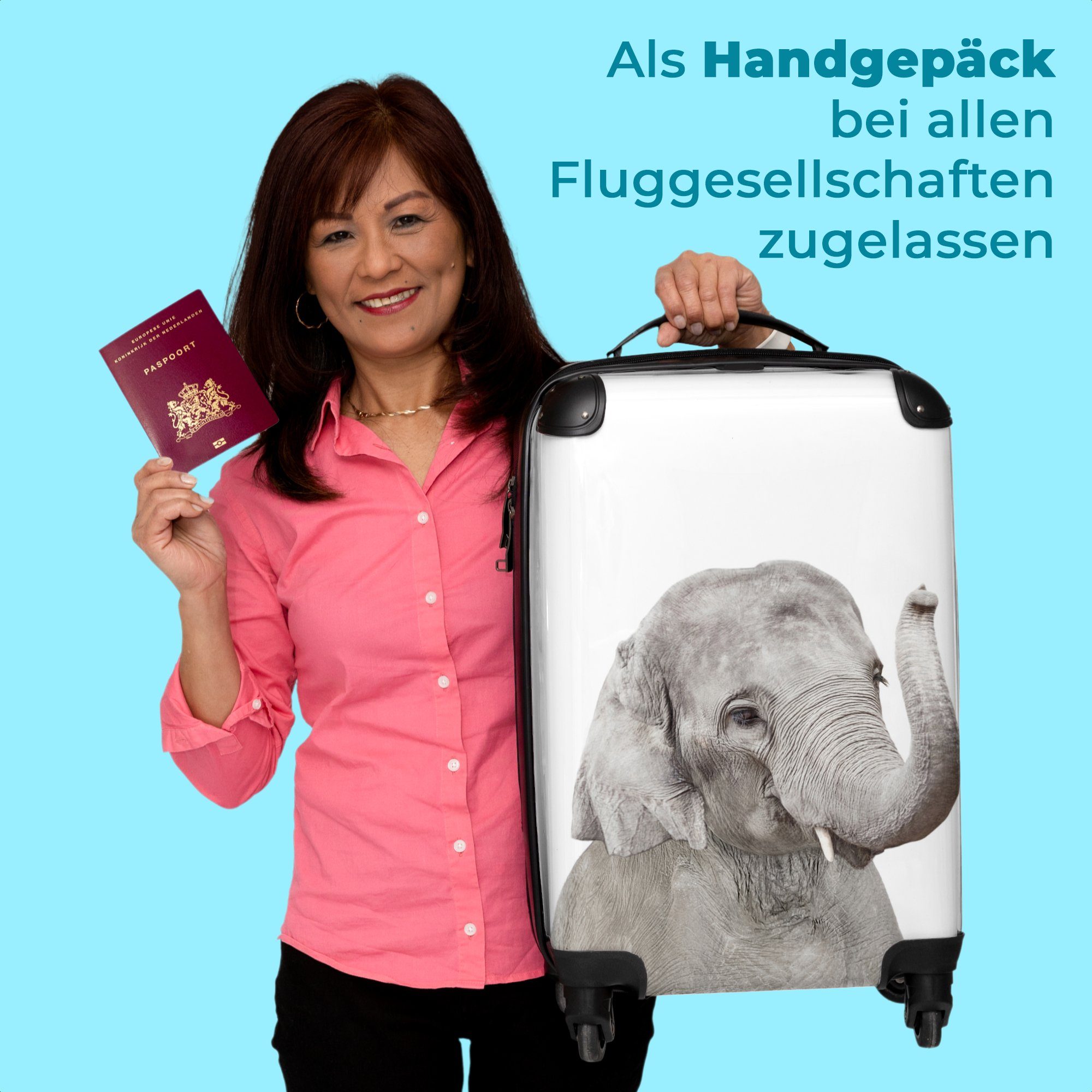 NoBoringSuitcases.com© Handgepäckkoffer 55x35x20cm - Tiere 4 Grau Trolley - Rollkoffer mit 4 Rollen, Handgepäck - - Rollen Kleine Natur, Elefant Cabin Reisekoffer