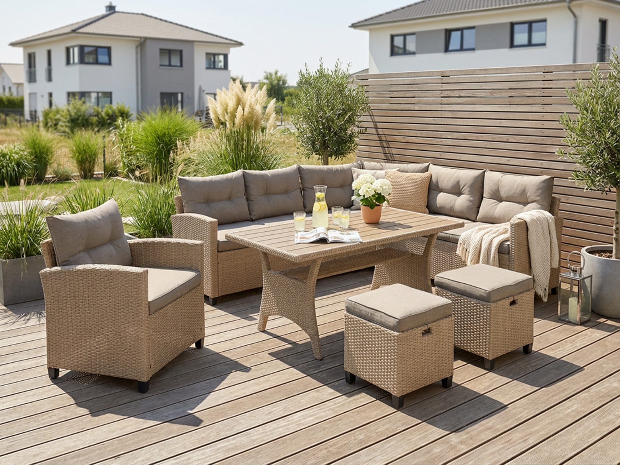 KONIFERA Gartenlounge-Set Keros Premium, (Set, 20-tlg., 2x 2er Sofa, 1x Ecke, 1x Sessel, 2x Hocker, 1x Tisch 145x75x67,5cm), Ecklounge, Polyrattan, Stahl, geeignet für 8 Personen, inkl. Auflagen