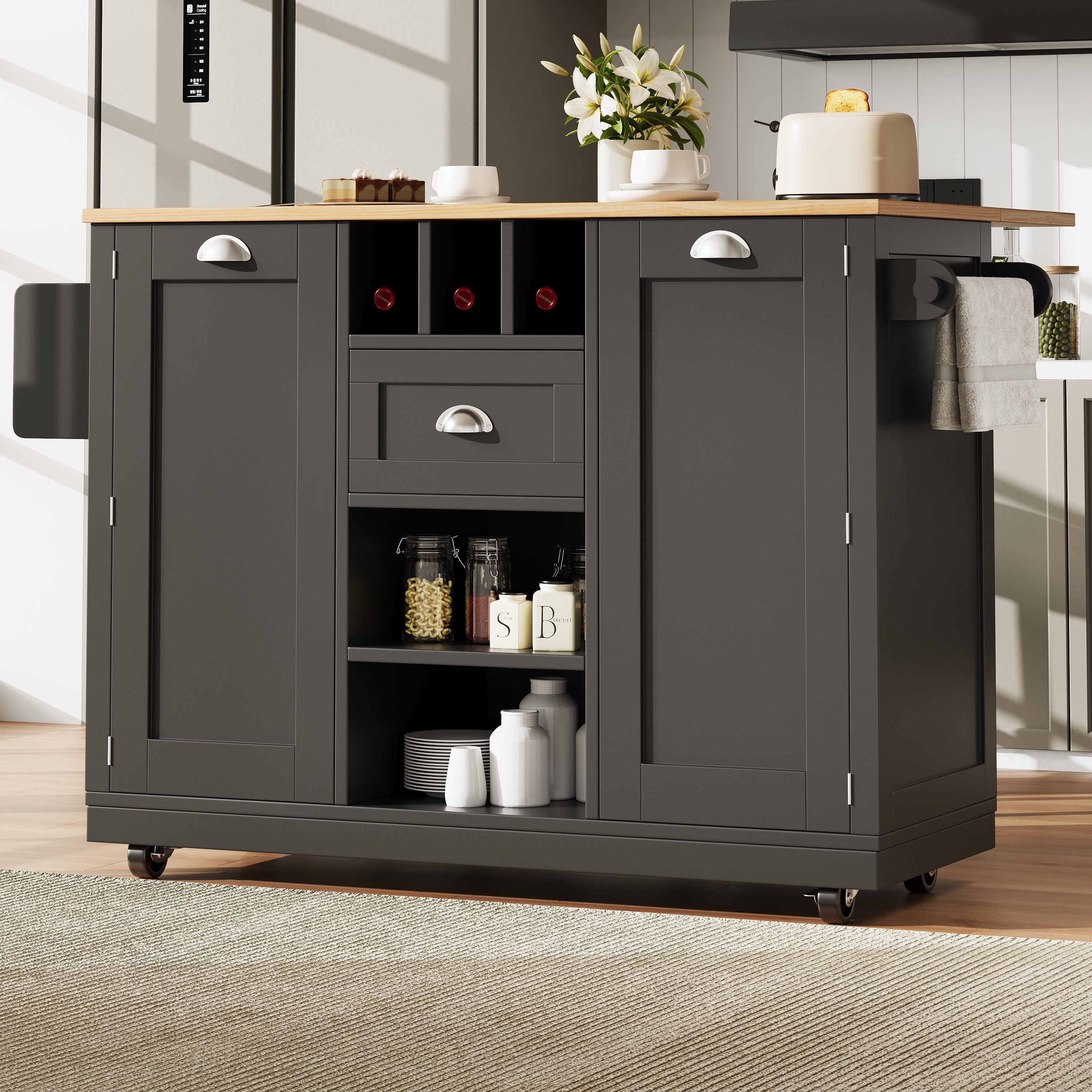 Flieks Küchenwagen mit erweiterbare Arbeitsplatte, Rollen und Weinregal Schwarz, (1 St), Servierwagen Buffetschrank Kücheninsel mit Schubladen und Türablagen