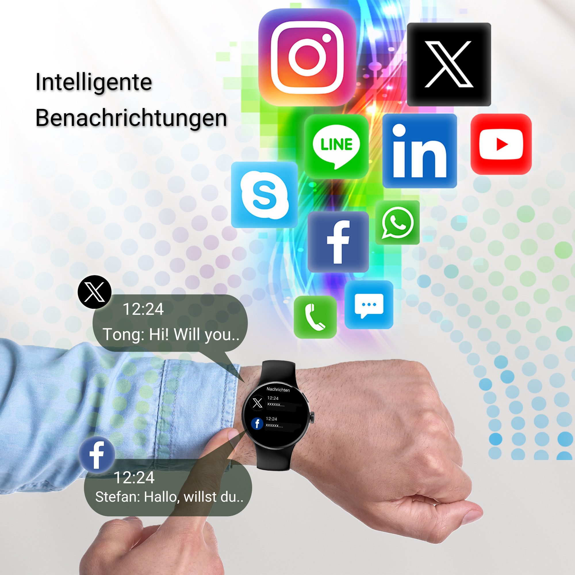 XINJI N2 - Smartwatch Bluetooth Touchpanel Puls-/HRV-/O2-Messung App Fitnessuhr (3.35 cm cm), Ladekabel, Kurzanleitung, Smartwatch, Leicht, komfortabel, alltagstauglich und für Fitness optimal ausgelegt