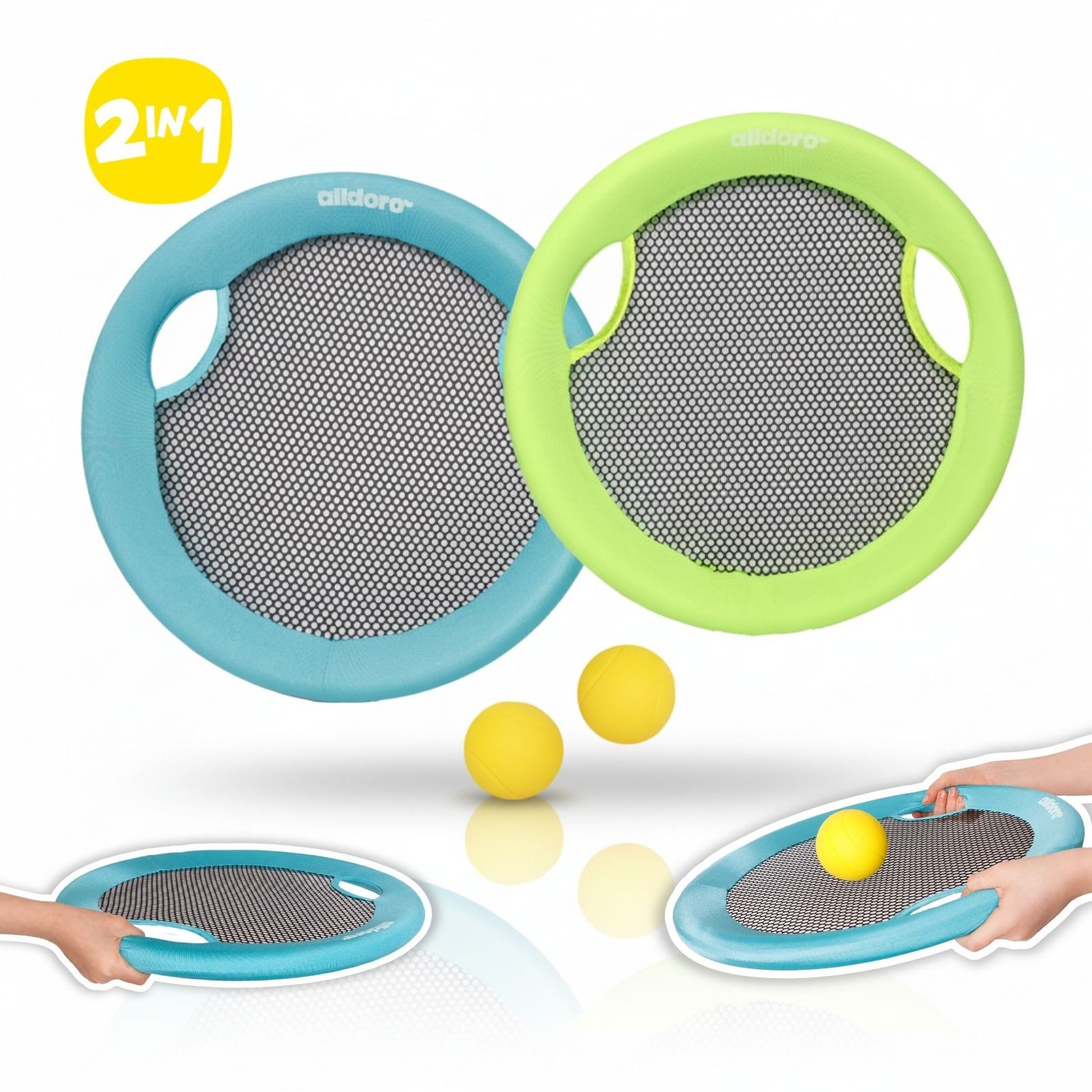 alldoro Beachballschläger 2 in 1 Beachball-Set & XL Wurfscheibe, große runde Beachballschläger, 40 cm, Strandspielzeug für Kinder & Erwachsene ab 5 Jahren