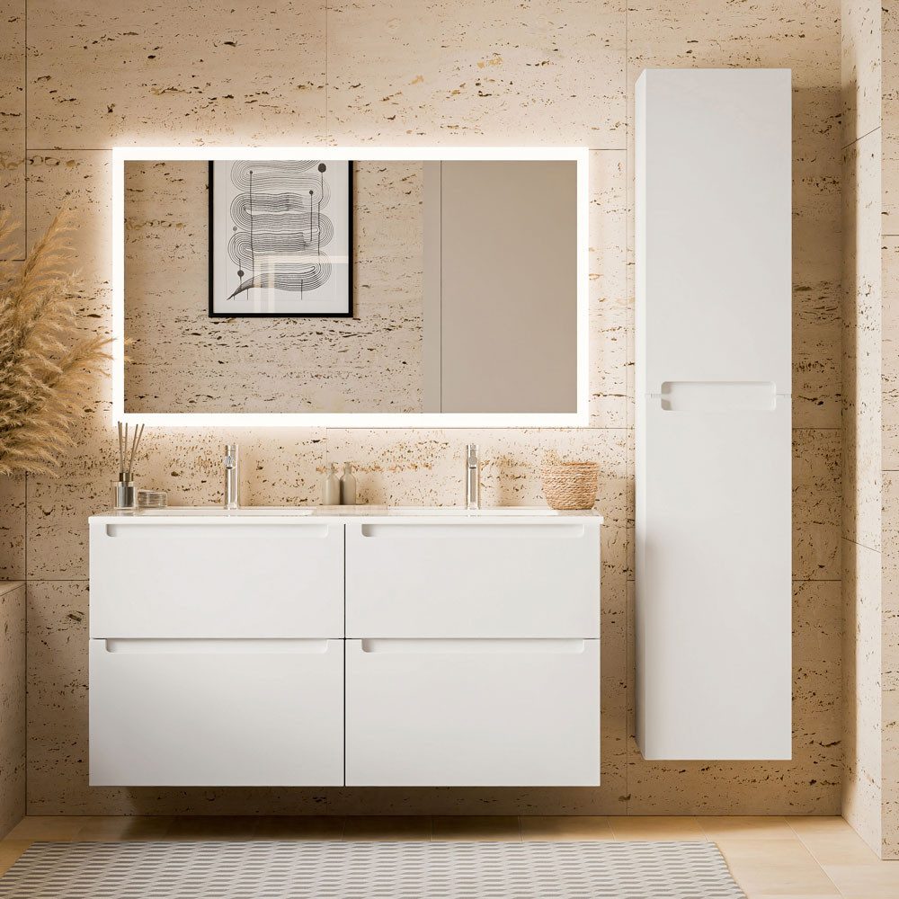 Bernstein Badmöbel-Set VIREO 120cm Weiß matt Spiegel Eckig, Badmöbel Set 120cm Doppelwaschbecken Hochschrank LED-Spiegel
