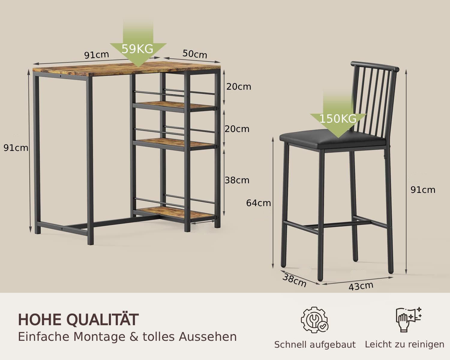 Blishom Bartisch 3-tlg Bartisch-Set, Esstisch Set für 2 Personen, Platzsparendes Stehtisch-Set mit Stauraum