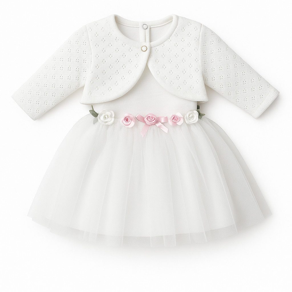 Lorey Medtec Taufkleid Prinzessin Kleid mit Bolerojacke – 100% Baumwolle, Weiß (Kleid + Jacke) Spitze, Tüll