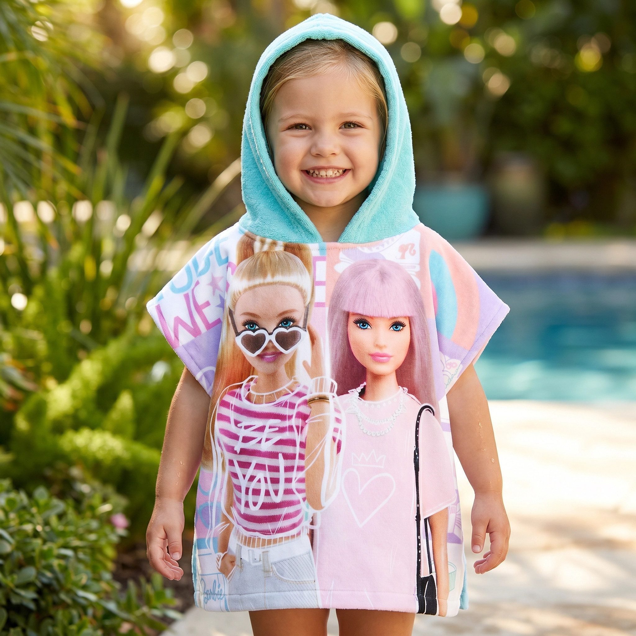 Barbie Badeponcho Barbie and Friends Kinder Poncho Badeponcho 100% Baumwolle, Baumwolle, Kapuze, Gr. 60x60 cm