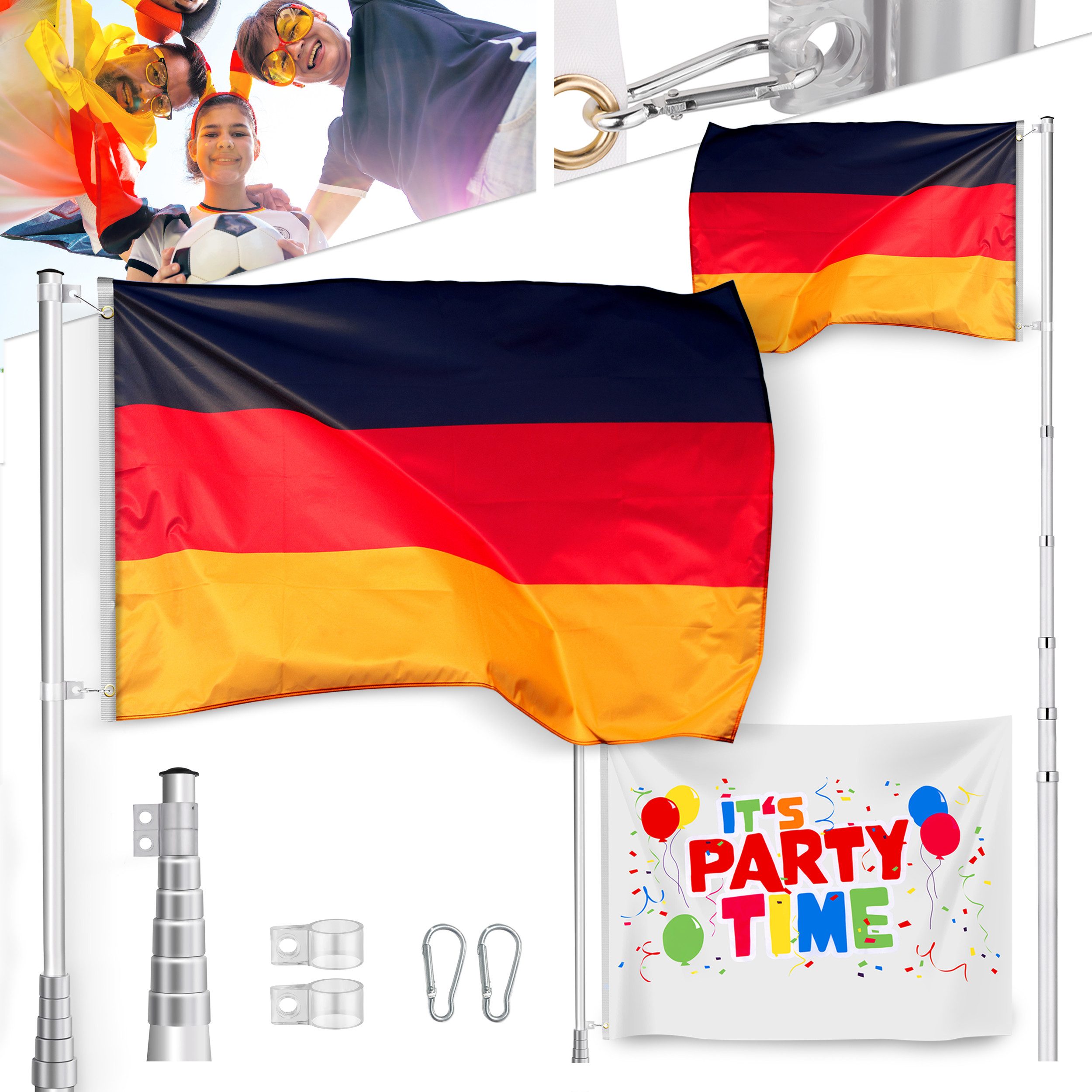 Onbest Fahne Fahnenmast Teleskop Flaggenmast (6-St), bis 6,2m, mit Partyfahne Karabiner und Bodenhülse