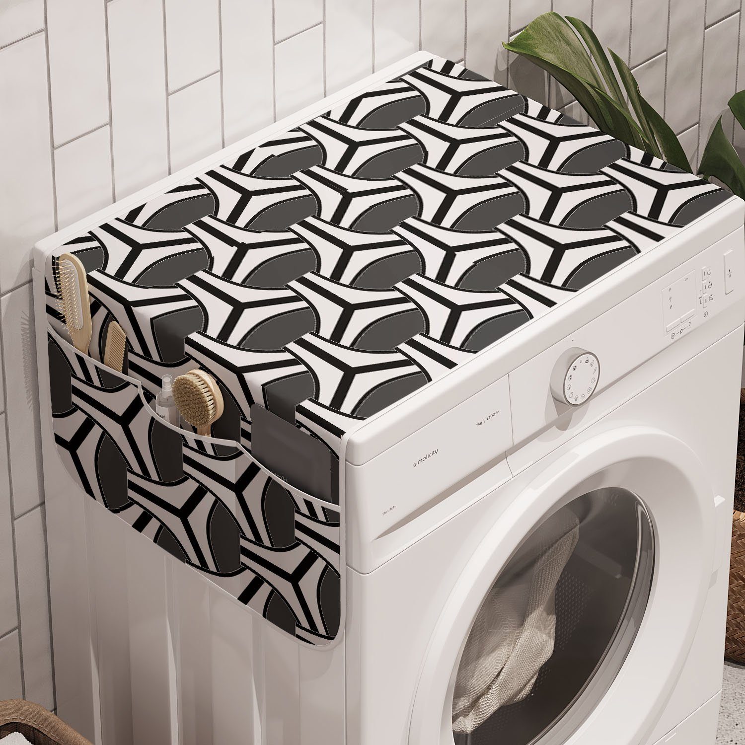 Abakuhaus Badorganizer Anti-Rutsch-Stoffabdeckung für Waschmaschine und Trockner, Abstrakt Achromatic Ovals Stripes