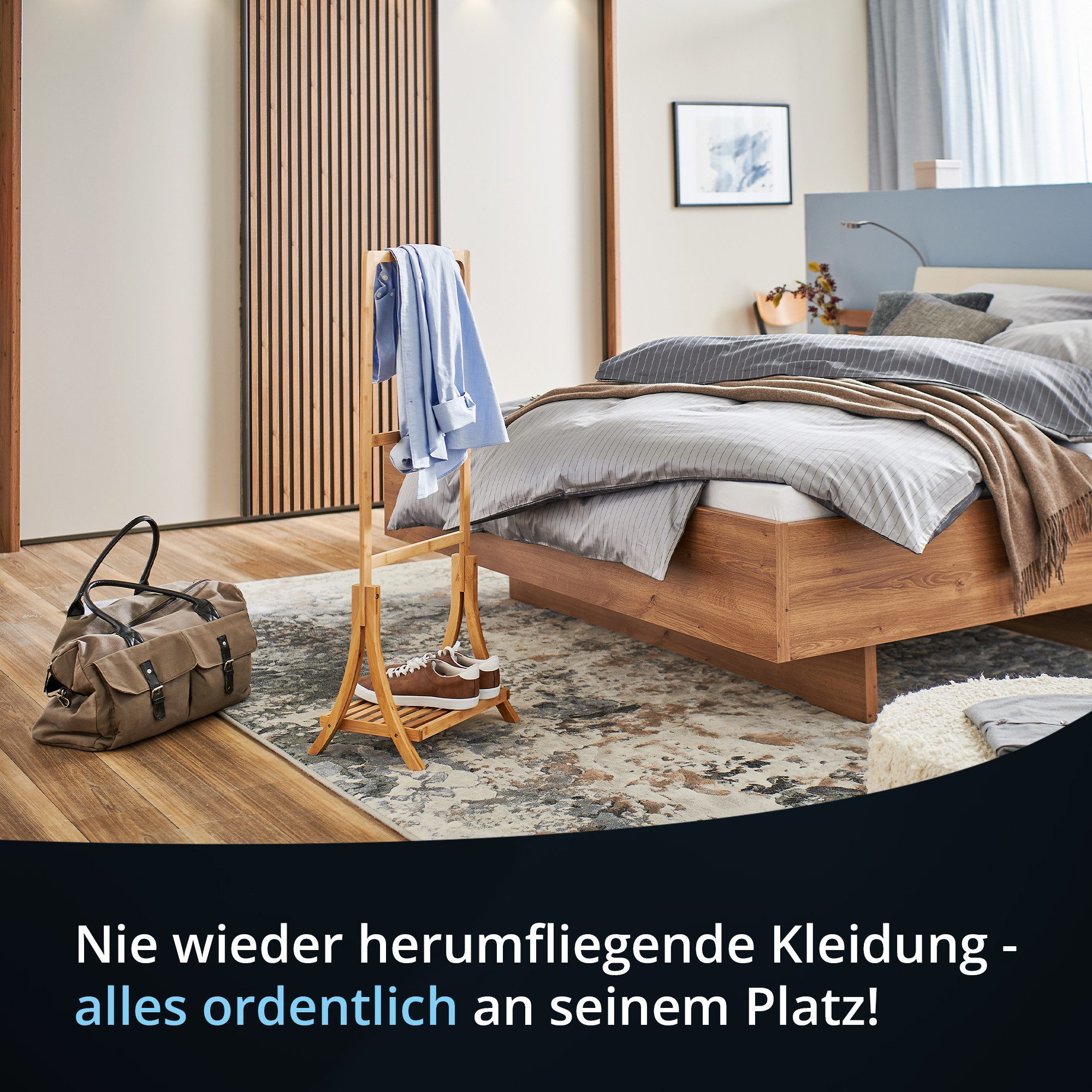 KHG Herrendiener aus Bambus Echtholz für Kleidung, (Stummer Diener, Sackohalter mit Hosenbügel sowie Schuhablage) – Bild 5 von 5