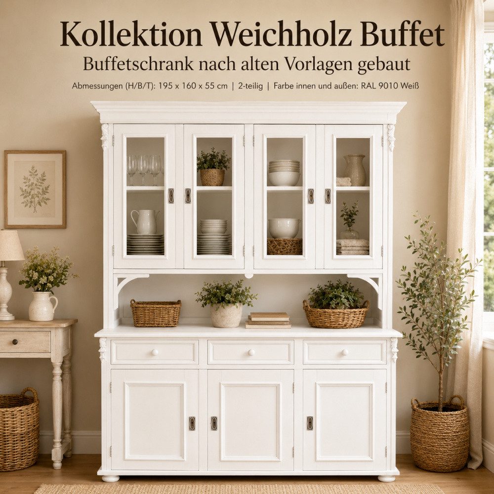 Wohnpalast Buffet Buffetschrank Landhaus weiß 160 cm aus massivem Weichholz Vitrinenschr