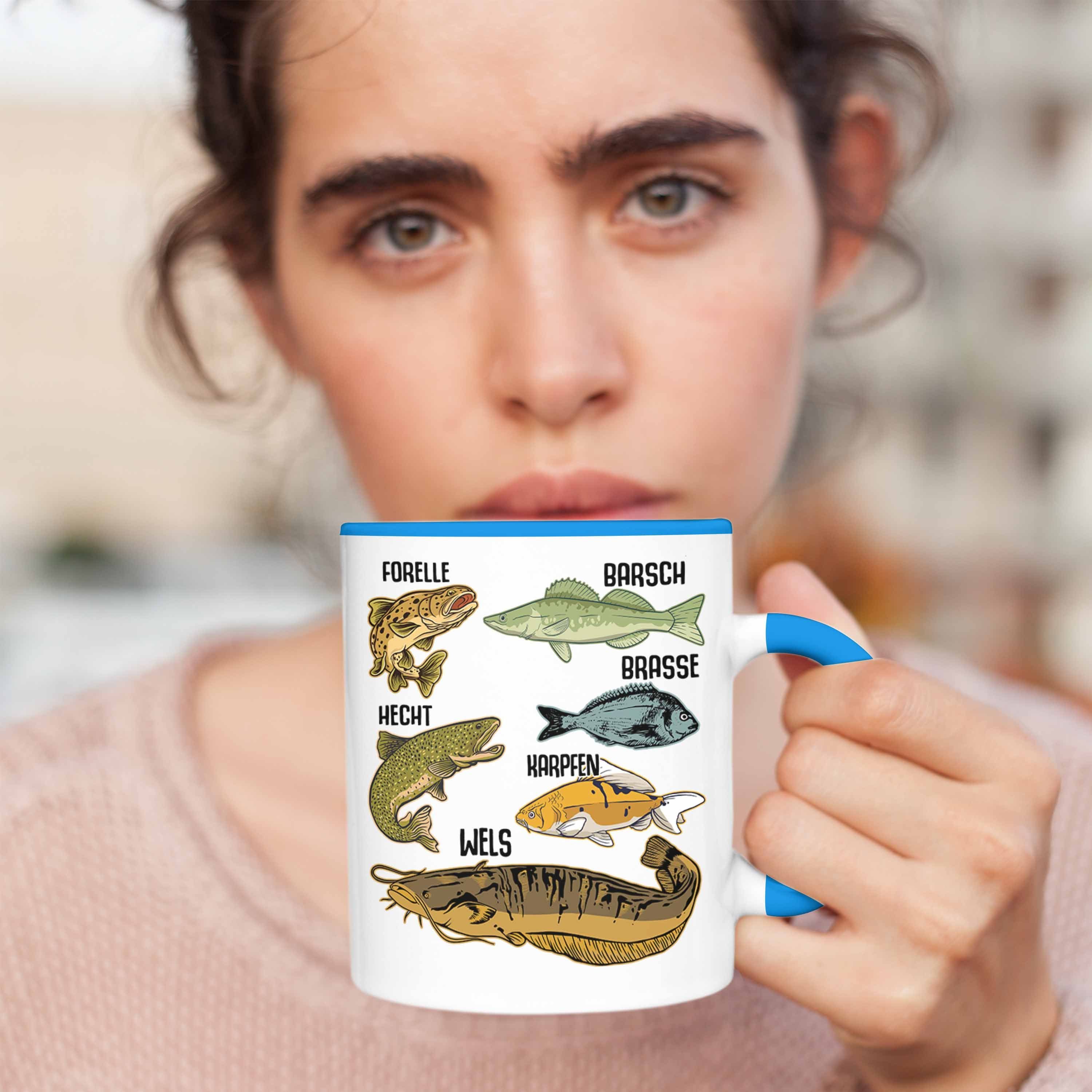 Trendation Tasse Trendation mit Blau - Raubfische Fischarten Barsch Geschenk Hecht Forelle Kaffeetasse Angeln Angler Hobbyangler Tasse Fischer