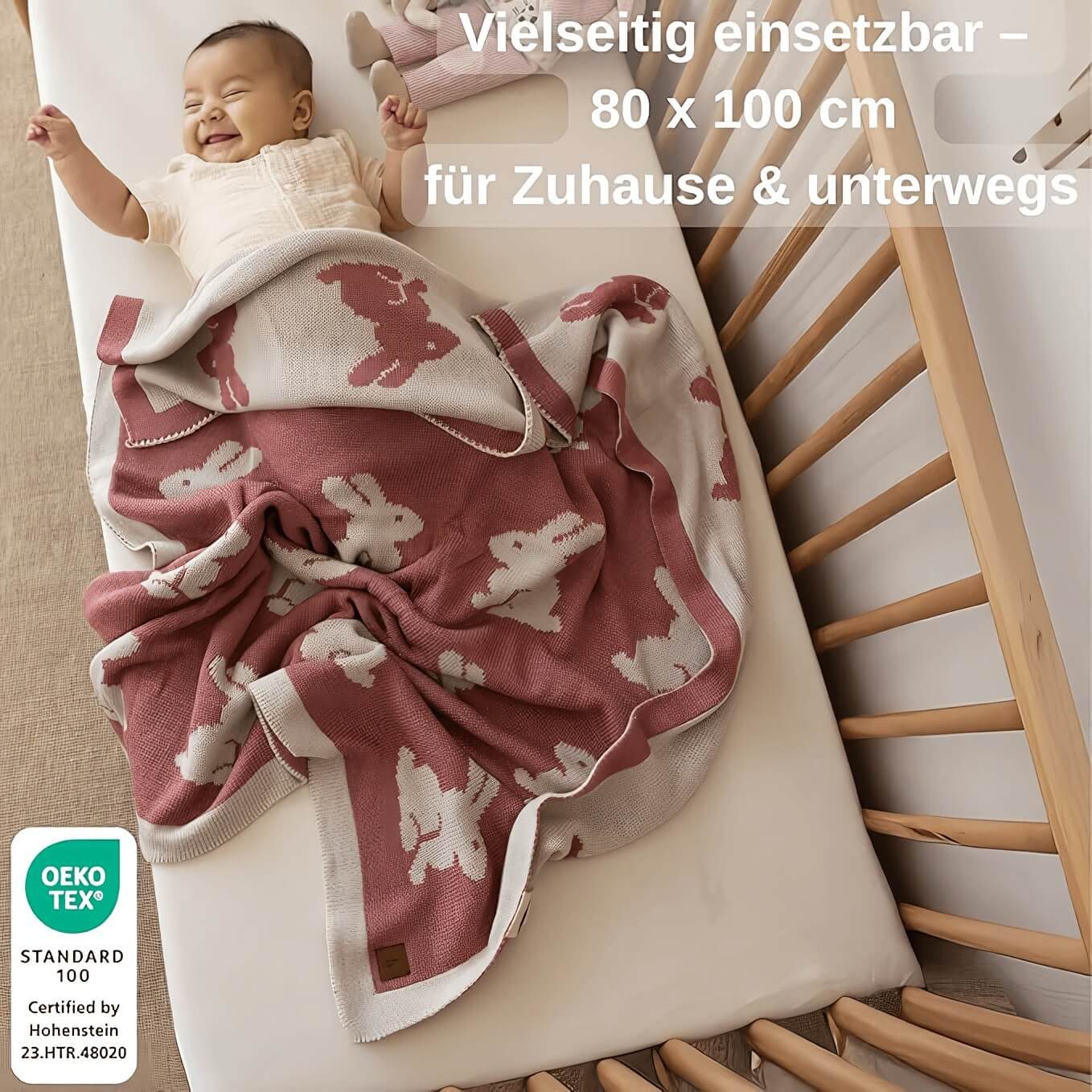 Babydecke Baby Strickdecke, Babydecke, Weich & Atmungsaktiv, 80x100cm Rosa Hasen, Little Dedi