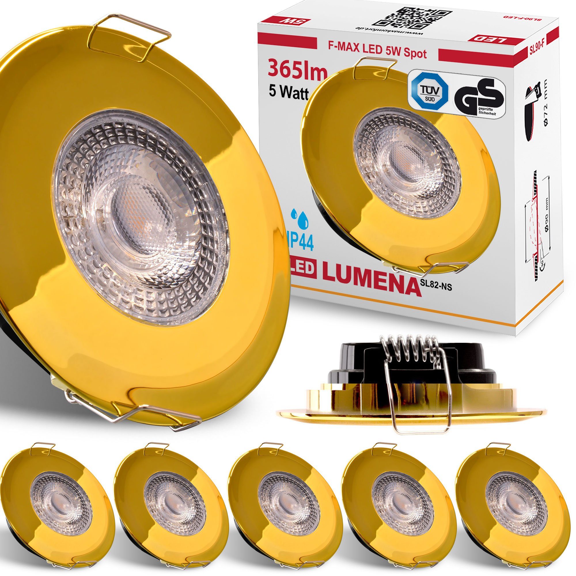 Maxkomfort LED Einbaustrahler 6er Set, Einbauleuchten Bad IP44, Warmweiß, ultraflach, Ø82x30mm, LED fest integriert, Warmweiß, 3000K, IP44 Einbauspots Decke, 230V, 5W, 365lm, 6er Set