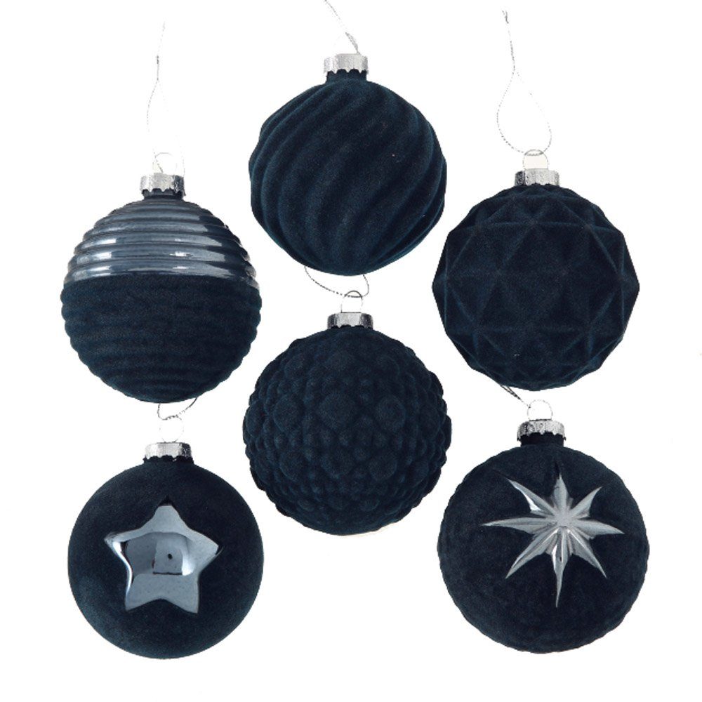 (6 dunkelblau BLUE Weihnachtsbaumkugel mit Velours VELVET BOLTZE Motiv matt 6tlg. nachtblau Weihnachtskugel