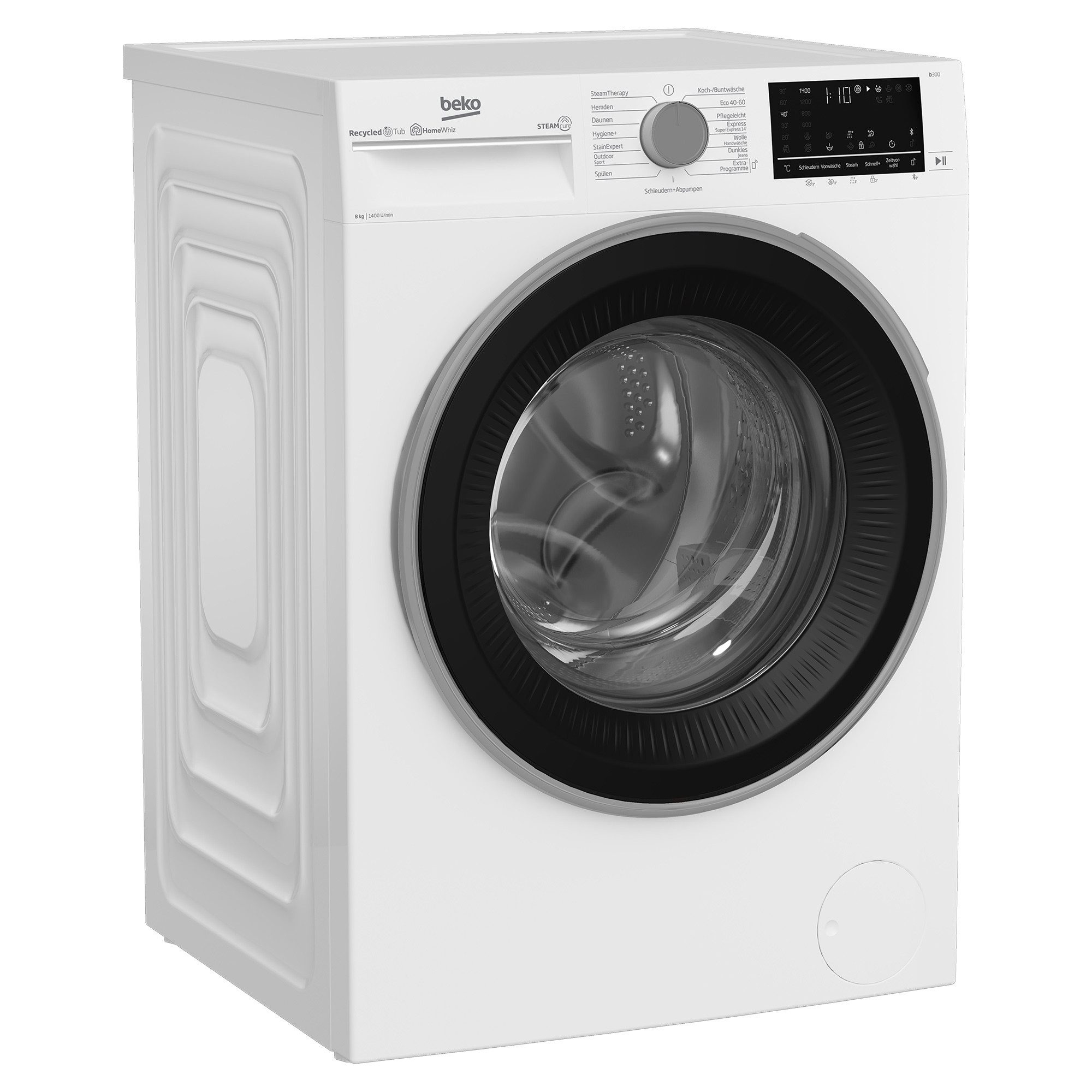 BEKO Waschmaschine B3WFU58415W1, 8 kg, 1400 U/min, Dampf, Multifunktionsdisplay, Mengenautomatik, Watersafe