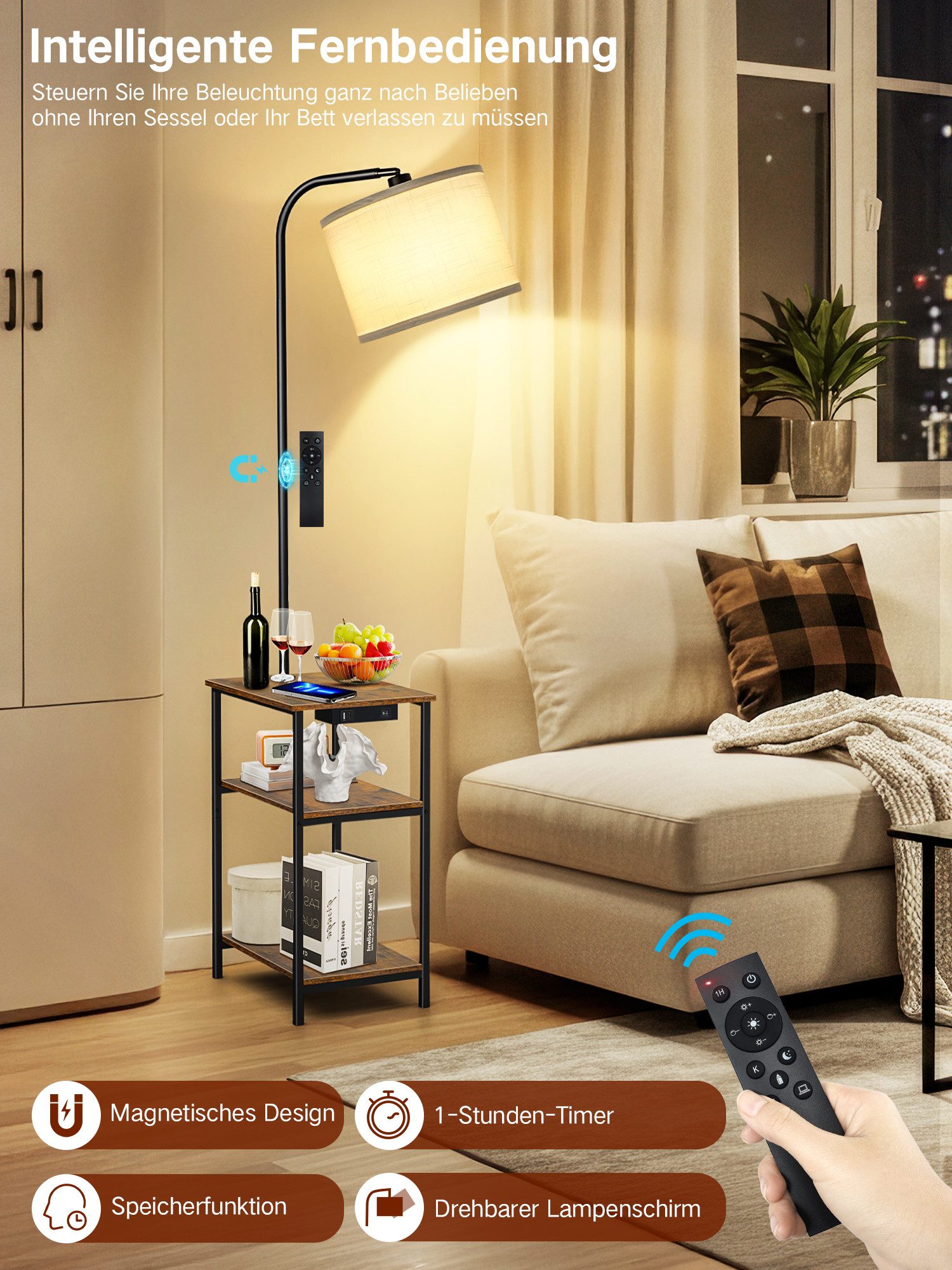 OUTON Stehlampe LED-Tisch mit 2 Stoffschubladen/3 Ablagen & USB – Bild 5 von 5