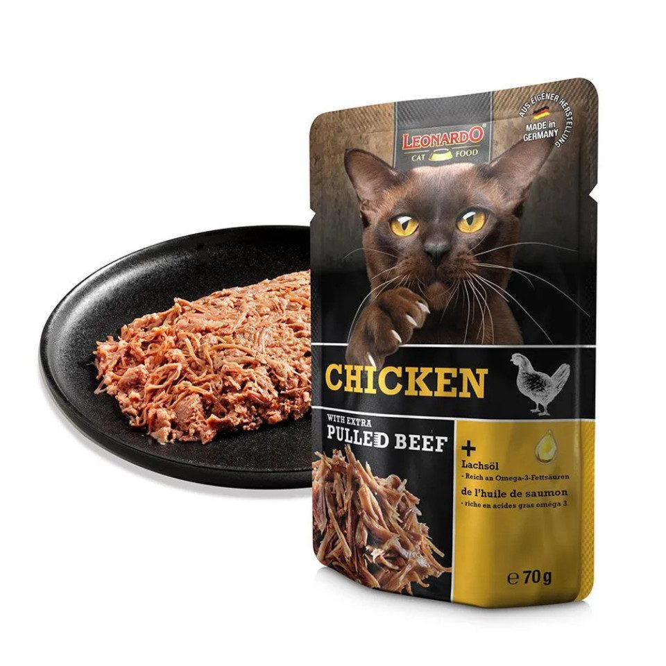 Leonardo Catfood Chicken with extra pulled Beef - Hühnchenpaté mit Rindfleisch 16x70g, Nassfutter für: Katzen