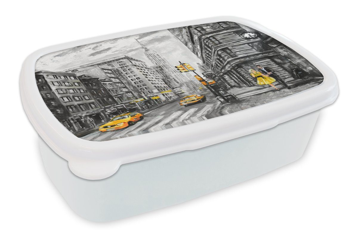 MuchoWow Lunchbox Malerei - Stadt - Auto - Gelb, Kunststoff, (2-tlg), Brotbox für Kinder und Erwachsene, Brotdose, für Jungs und Mädchen weiß