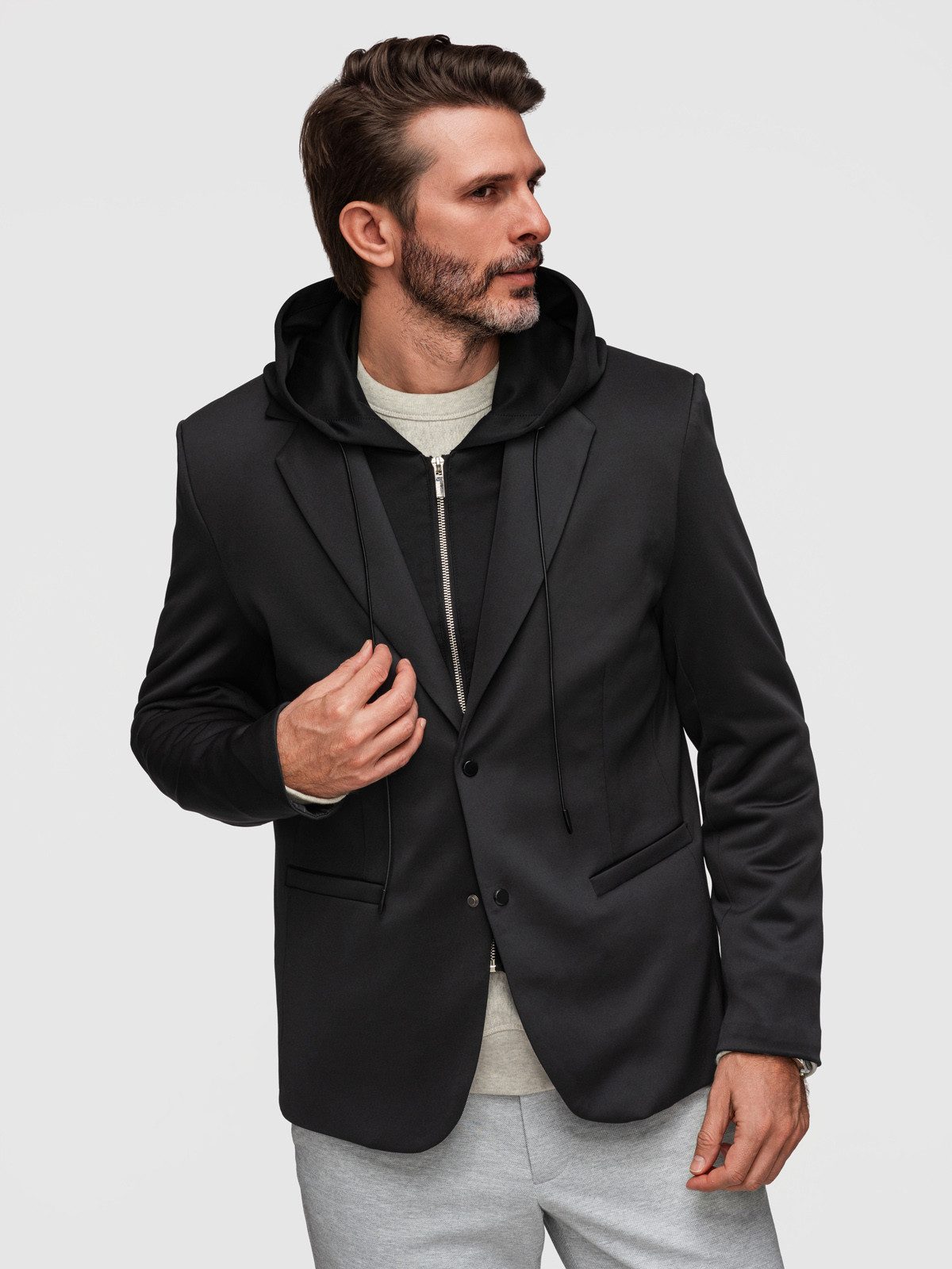 OMBRE Anzugsakko Herren Blazer mit Kapuze Casual Sakko Schwarz L (kein Set, 1-tlg) Abnehmbare Kapuze