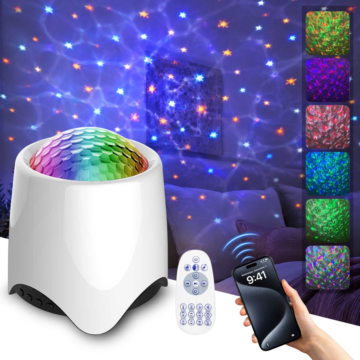 Rosnek LED Nachtlicht Sternenprojektor, Nachtlicht Projektor mit Bluetooth, 56 Lichteffekten, RGB, Als Geschenk, Timer & Musik für Kinderzimmer, Schlafzimmer & Party