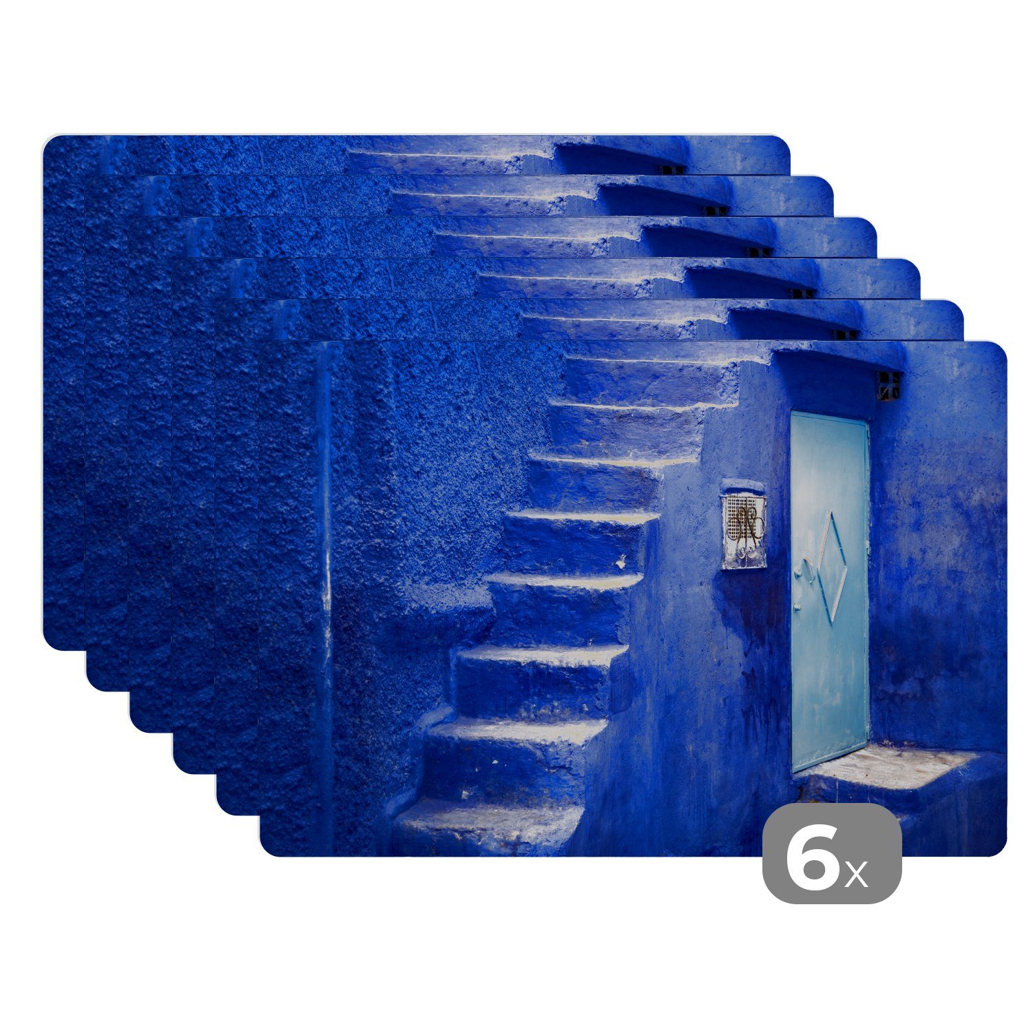 Platzset, Architektur - Blau - Treppe - Tür, MuchoWow, (6-St), Platzset, Platzdecken, Platzmatte, Tischmatten, Schmutzabweisend | Tischsets