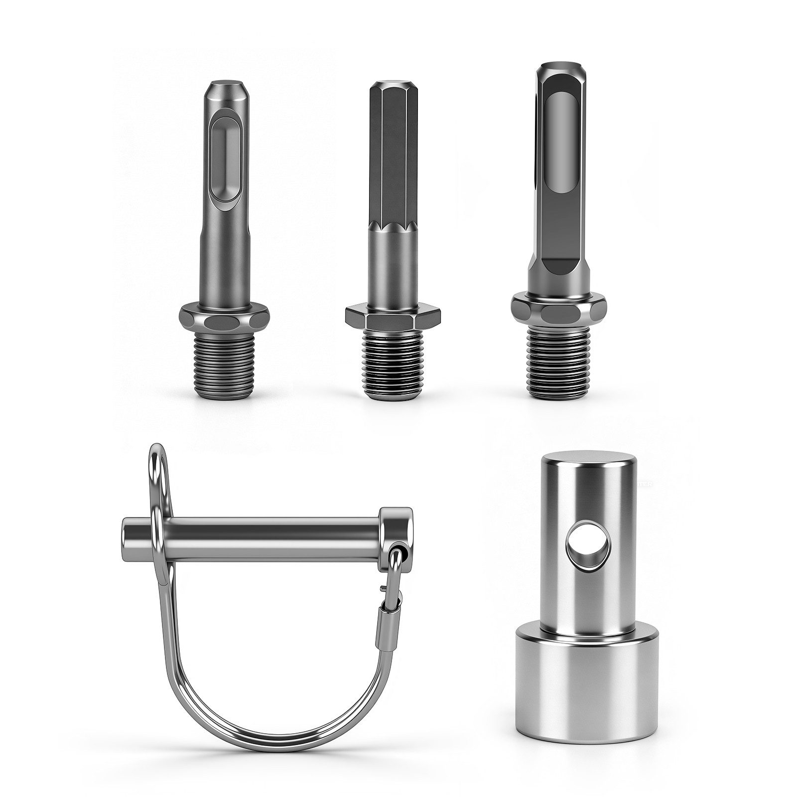 XERSEK Erdbohrer Adapter (Sechskant + SDS Max + SDS Plus) mit Quick Change Bolzen, (Set, 5-tlg), für Bohrmaschine Schlagbohrern inkl. 3 Bohradapter