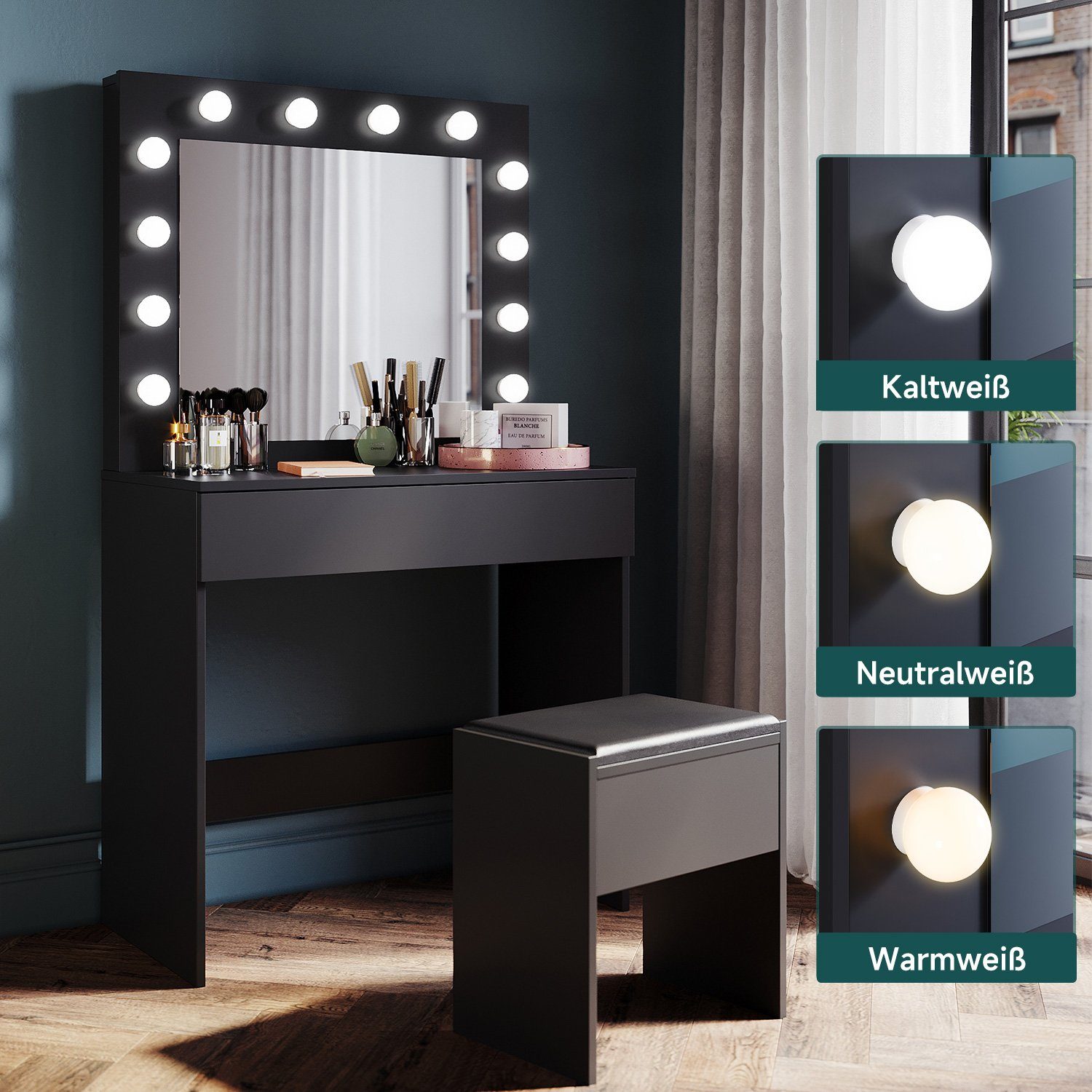SONNI Schminktisch Schwarz/Weiß, mit LED-Beleuchtung, 80x40x140cm,3 günstig online kaufen