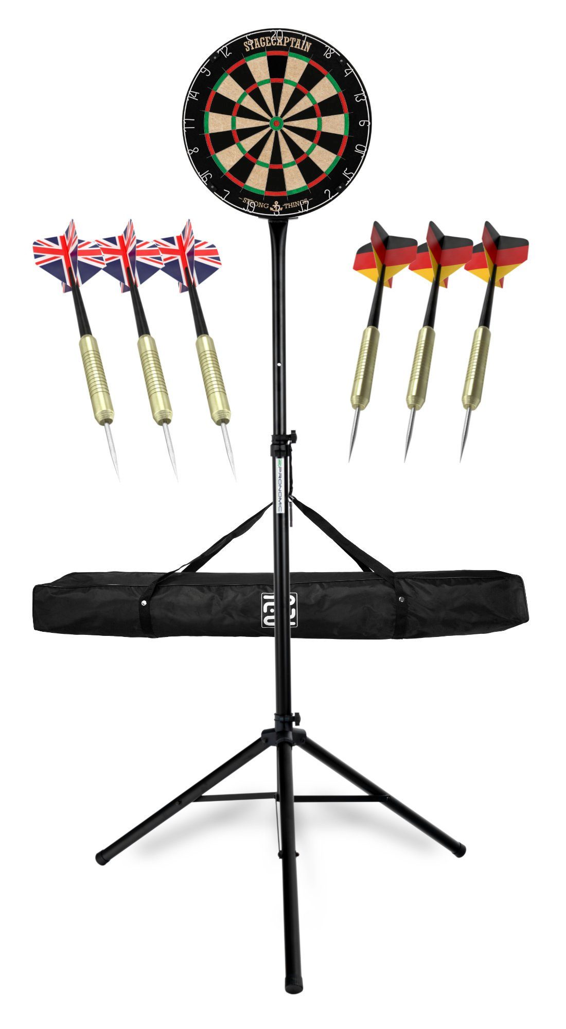 Stagecaptain Dartscheibe DBS-1715 BullsEye Pro, (Spar-Set, inkl. Stativ, Tasche 6 Dartpfeilen und 12 Flights), Steeldartscheibe aus Sisal mit dünnen Drähten Schwarz