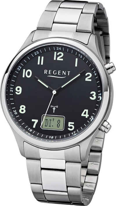 Regent Funkuhr Regent Metall Herren Uhr BA-445, Herrenuhr Metallarmband silber, rundes Gehäuse, groß (ca. 40mm)
